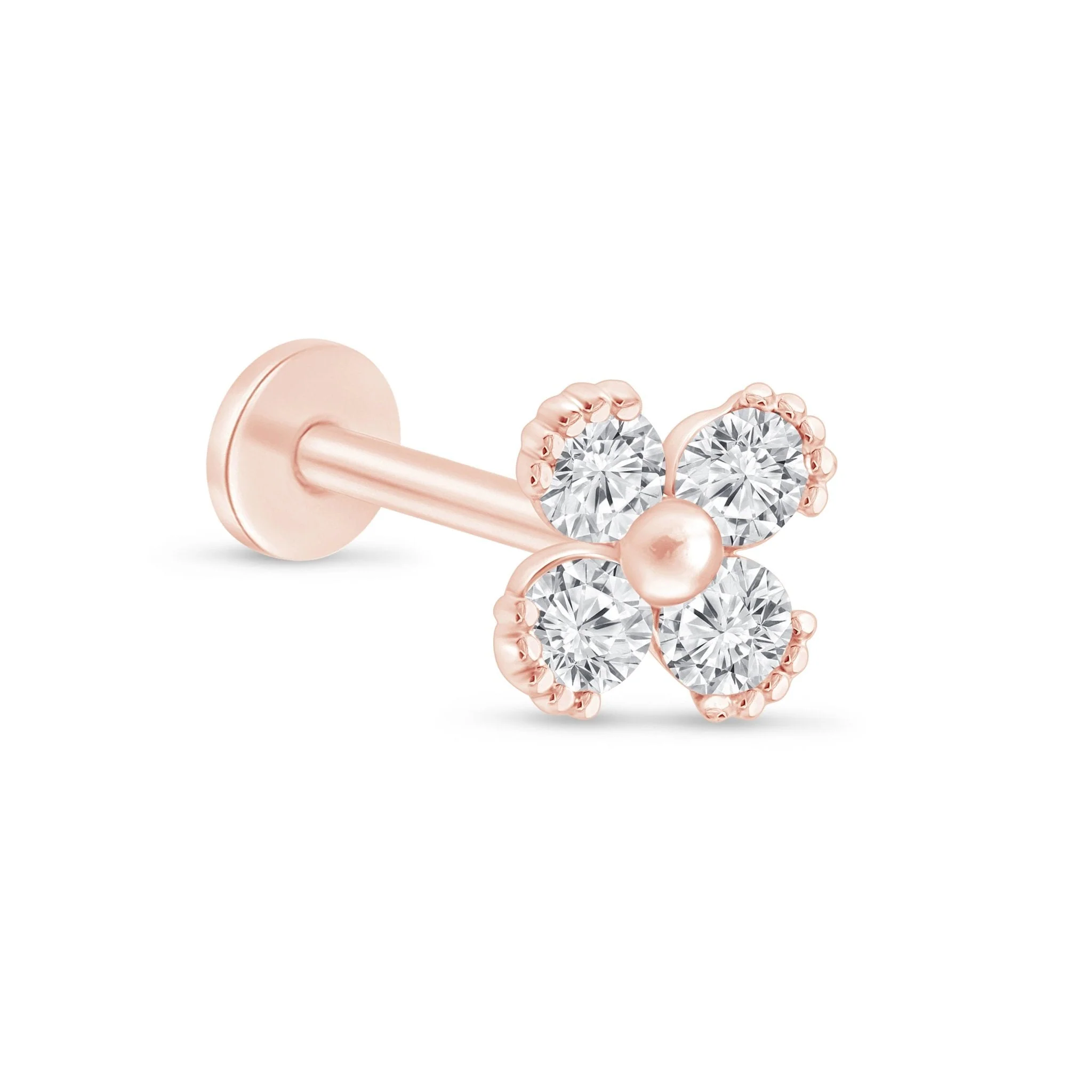 Rose Gold Diamond Four Petal Flower Flat Back Earring - Image 6