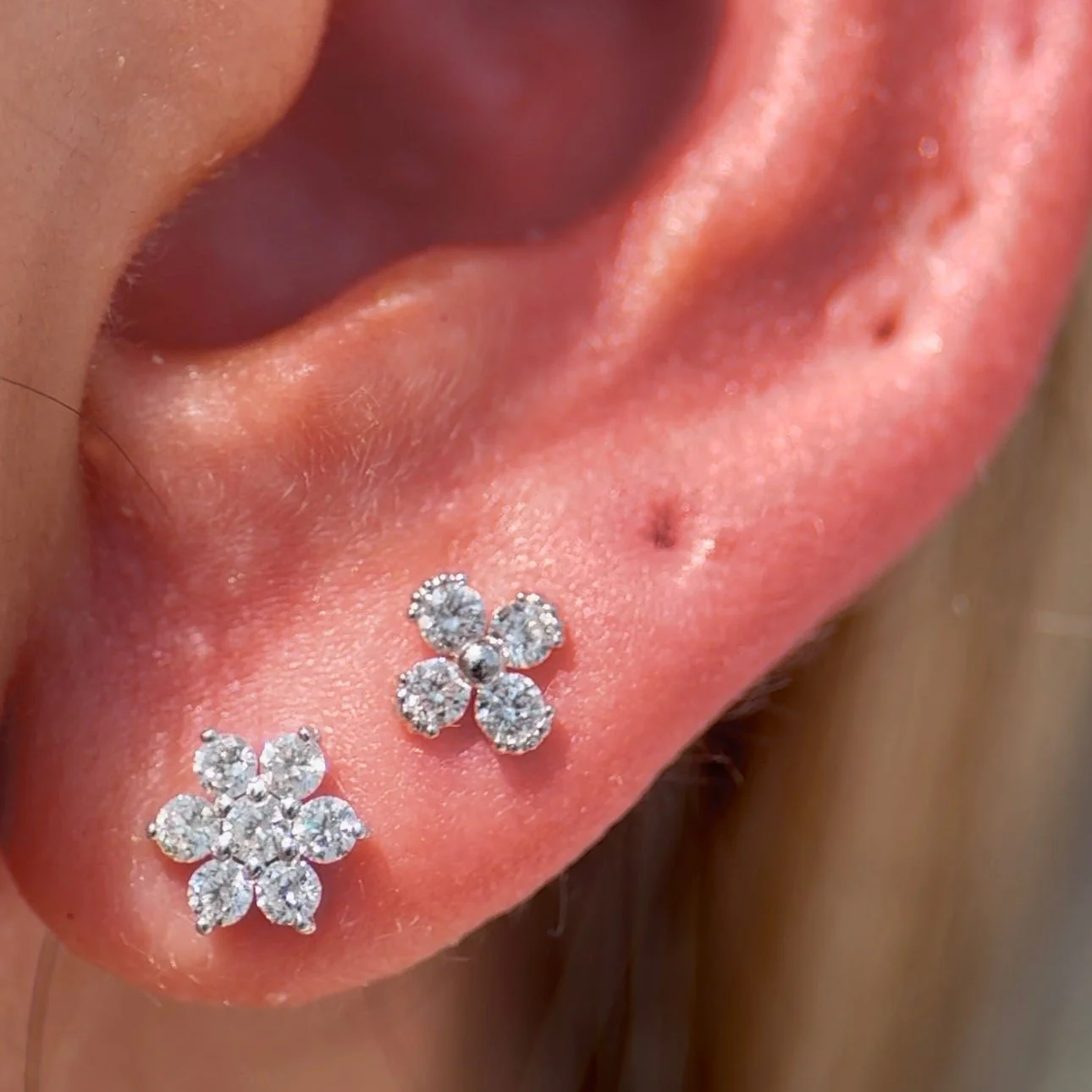 Rose Gold Diamond Four Petal Flower Flat Back Earring - Image 8