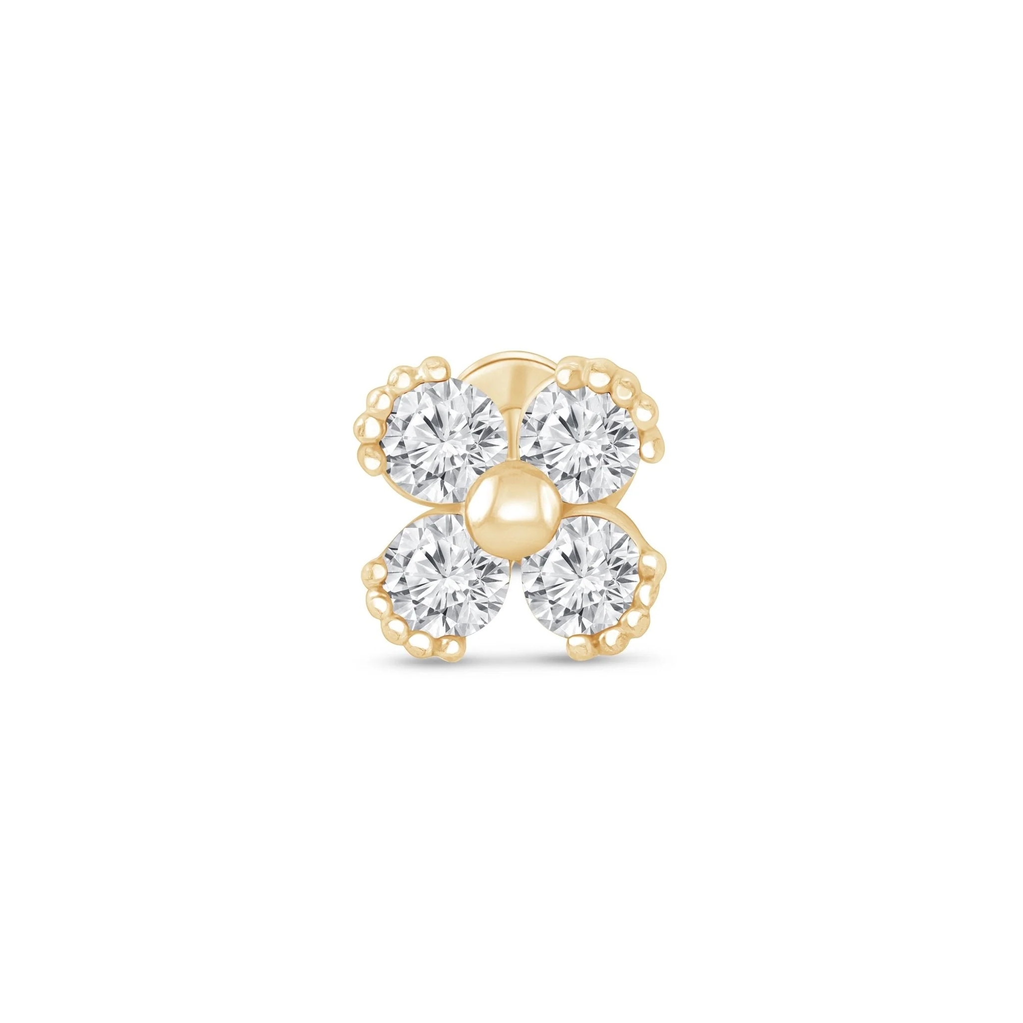 Yellow Gold Diamond Four Petal Flower Flat Back Earring
