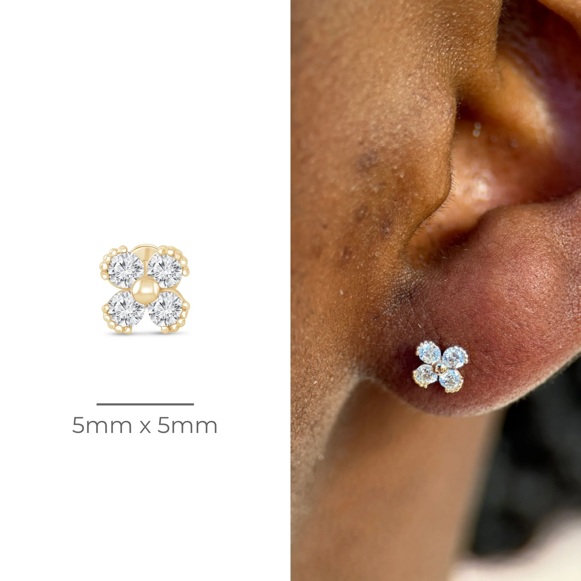 Yellow Gold Diamond Four Petal Flower Flat Back Earring - Image 14