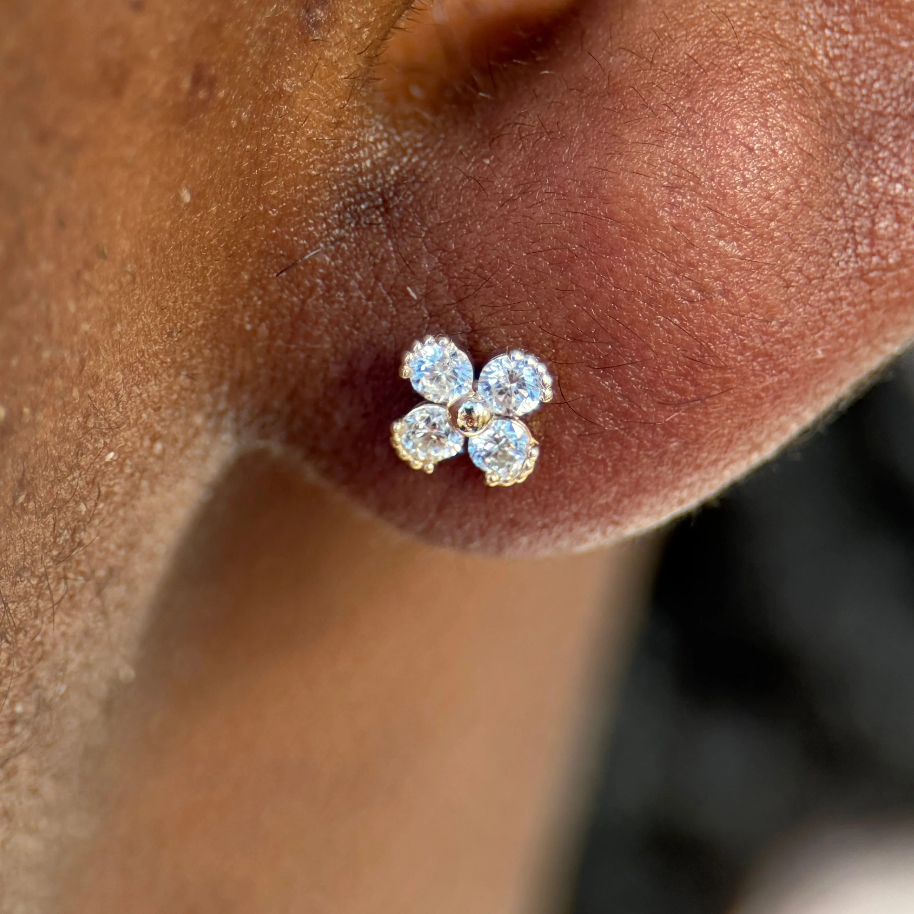 Yellow Gold Diamond Four Petal Flower Flat Back Earring - Image 2