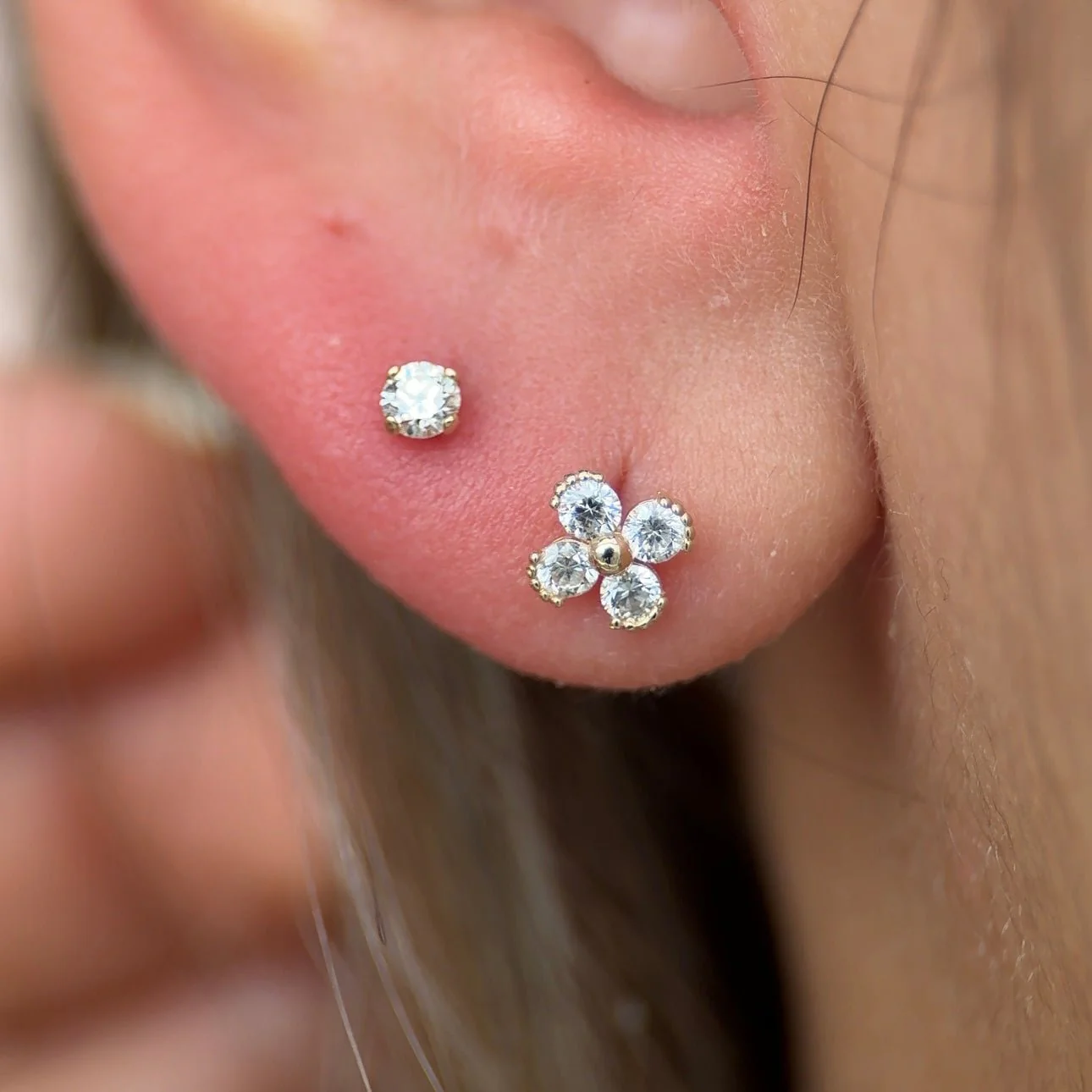 Yellow Gold Diamond Four Petal Flower Flat Back Earring - Image 3