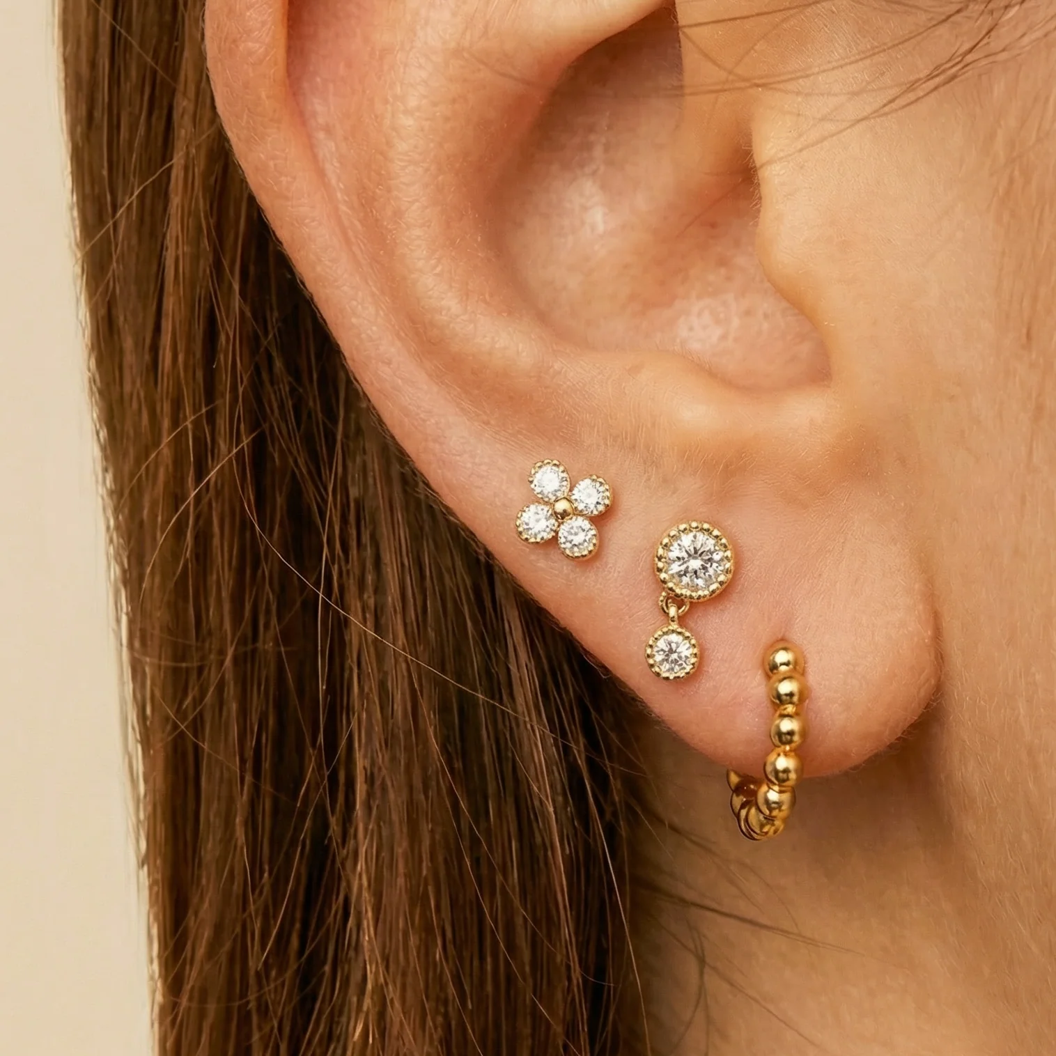 Yellow Gold Diamond Four Petal Flower Flat Back Earring - Image 5