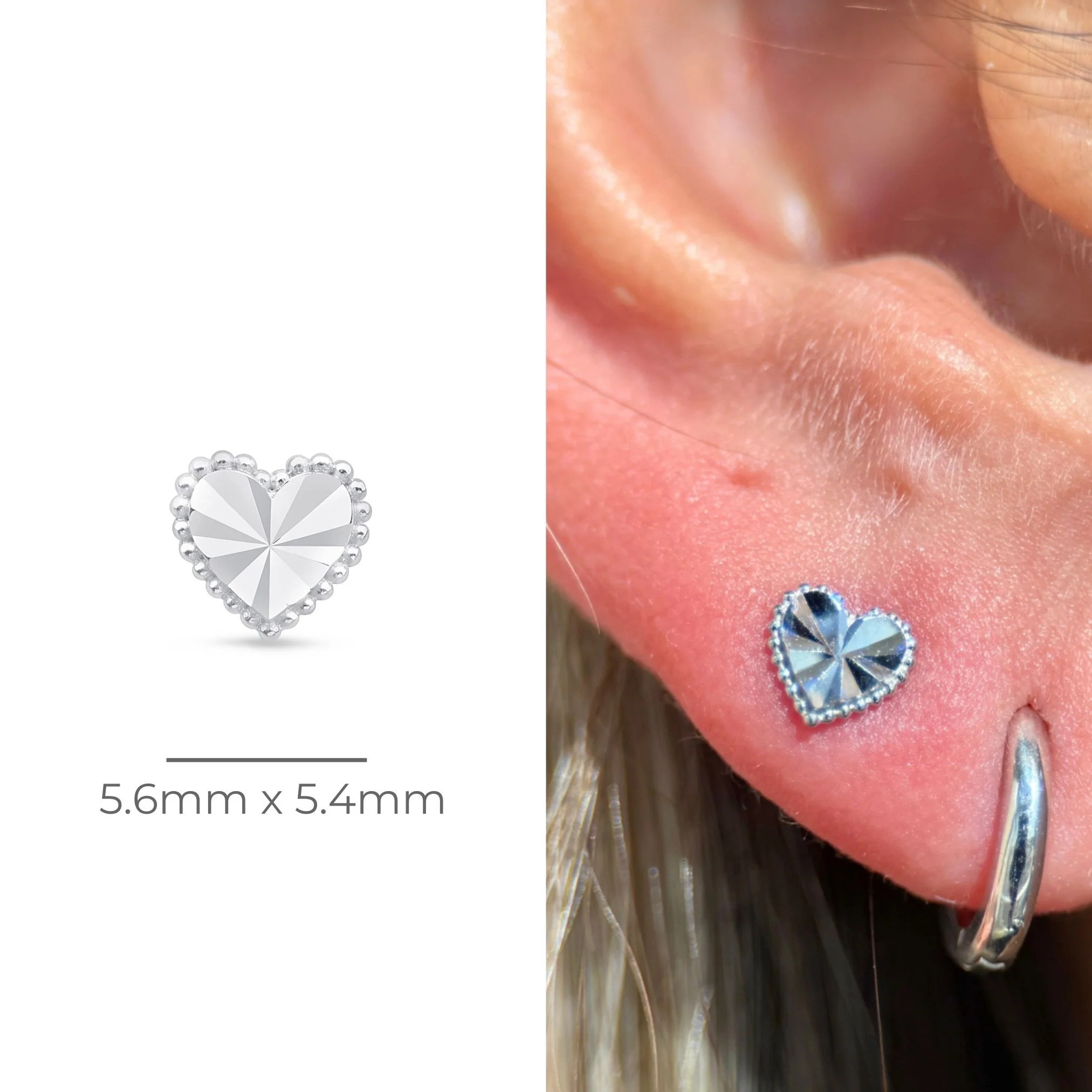 White Gold Diamond Cut Heart Flat Back Earring - Image 5