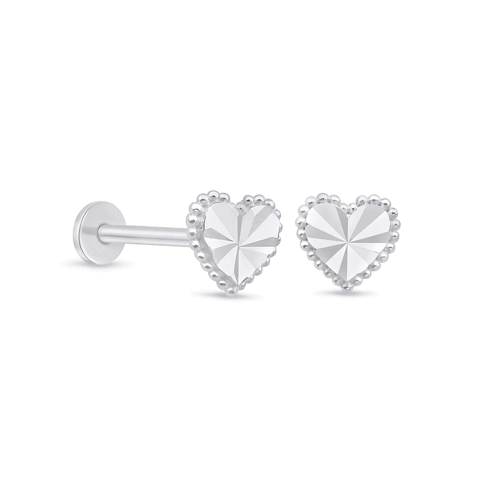 White Gold Diamond Cut Heart Flat Back Earring - Image 6