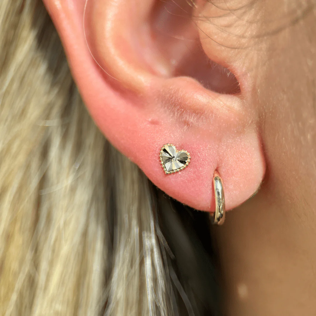 Yellow Gold Diamond Cut Heart Flat Back Earring - Image 3