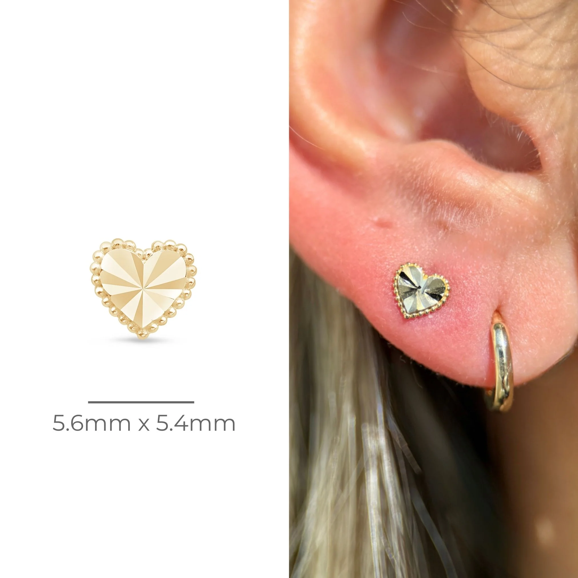 Yellow Gold Diamond Cut Heart Flat Back Earring - Image 5