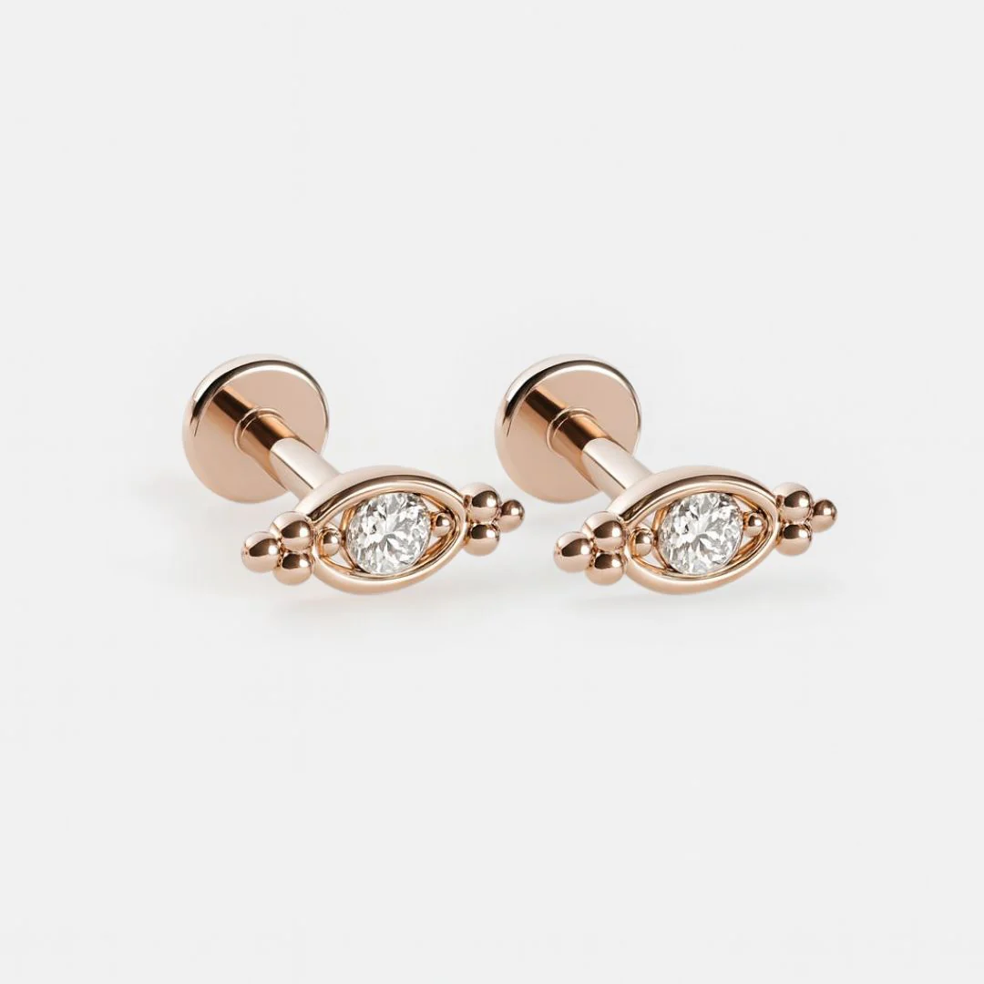Rose Gold Beaded Marquise Diamond Evil Eye Earring - Image 2