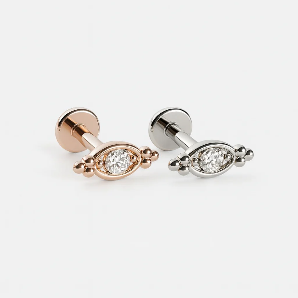 Rose Gold Beaded Marquise Diamond Evil Eye Earring - Image 6