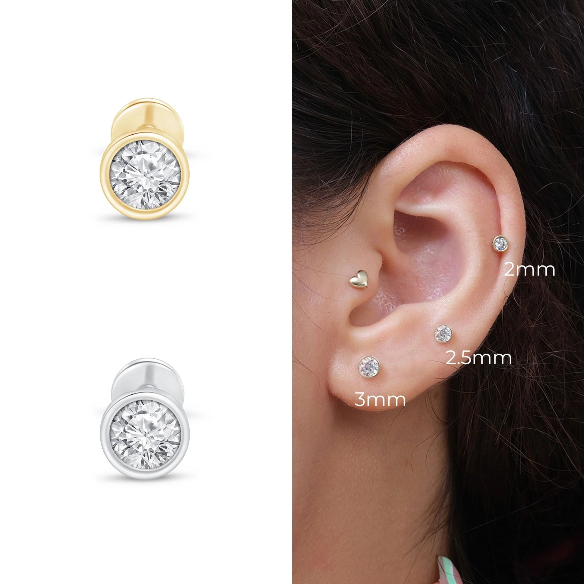 White Gold Round Gemstone Bezel Set Flat Back Earring - Image 8