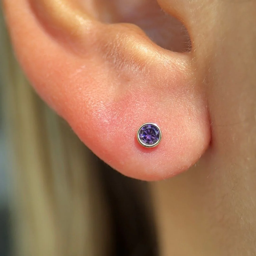 Yellow Gold Round Amethyst Bezel Set Flat Back Earring - Image 2