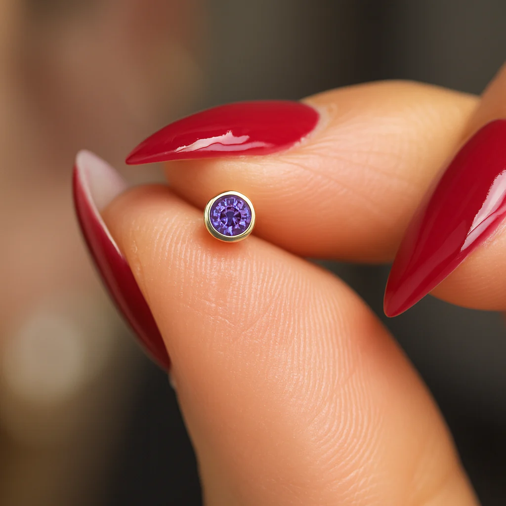 Yellow Gold Round Amethyst Bezel Set Flat Back Earring - Image 3