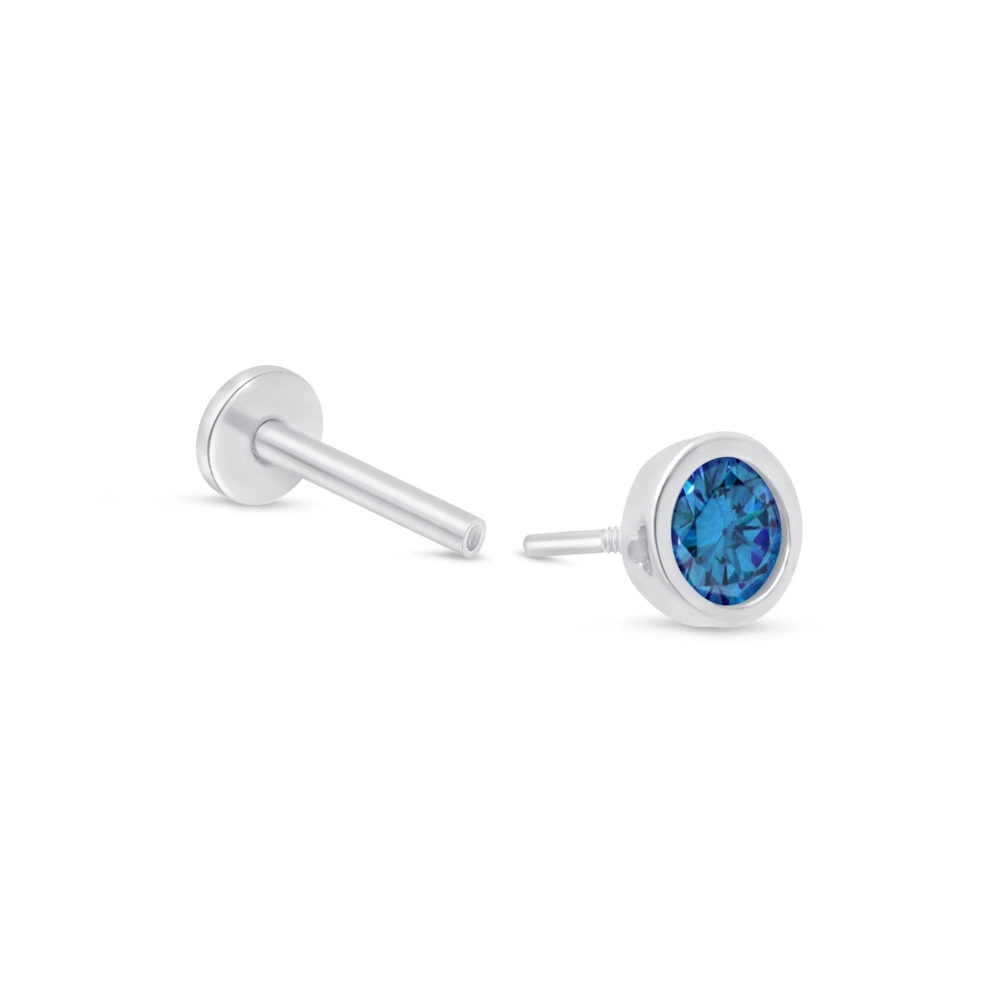 White Gold Round Blue Topaz Bezel Flat Back Earring - Image 7