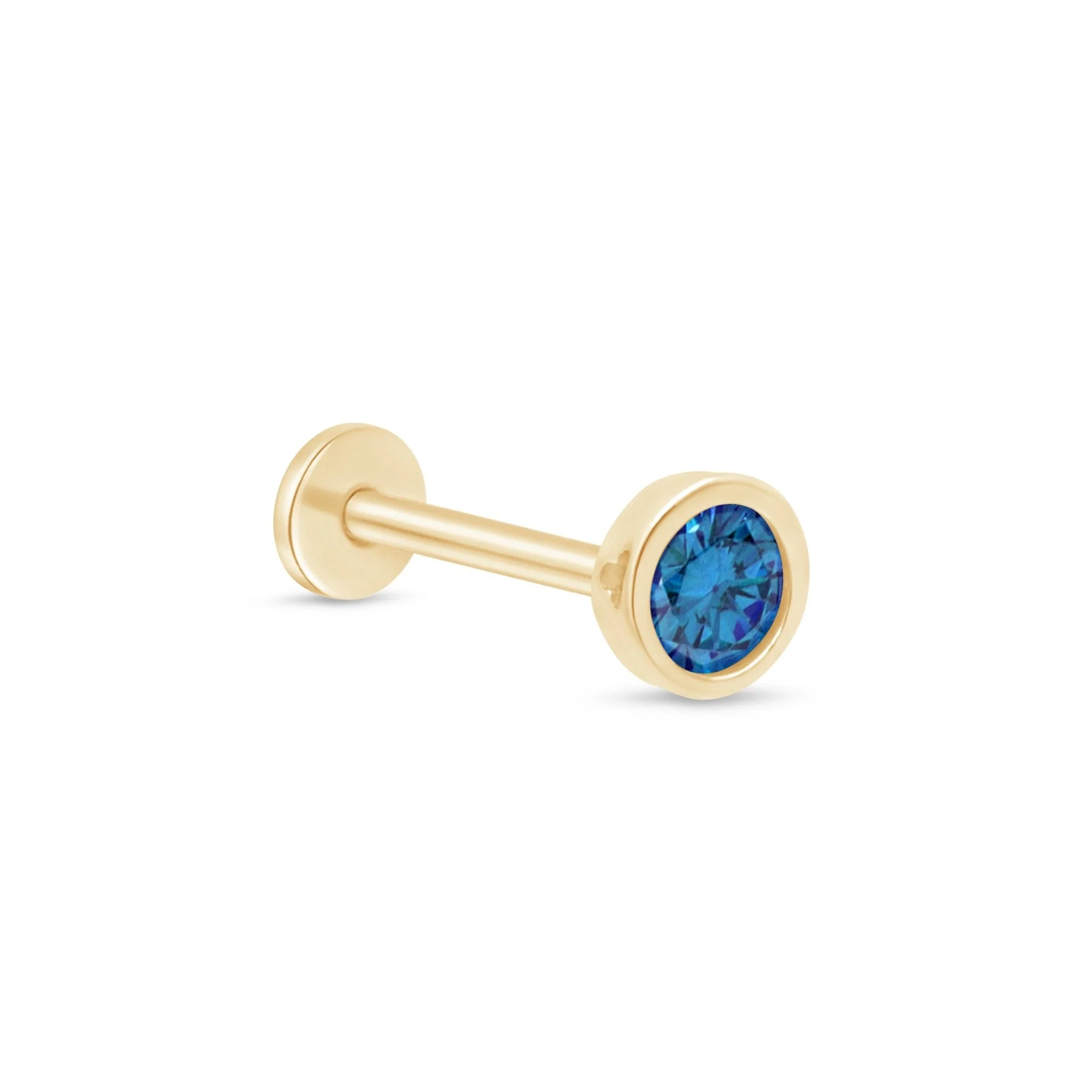 Yellow Gold Round Blue Topaz Bezel Flat Back Earring