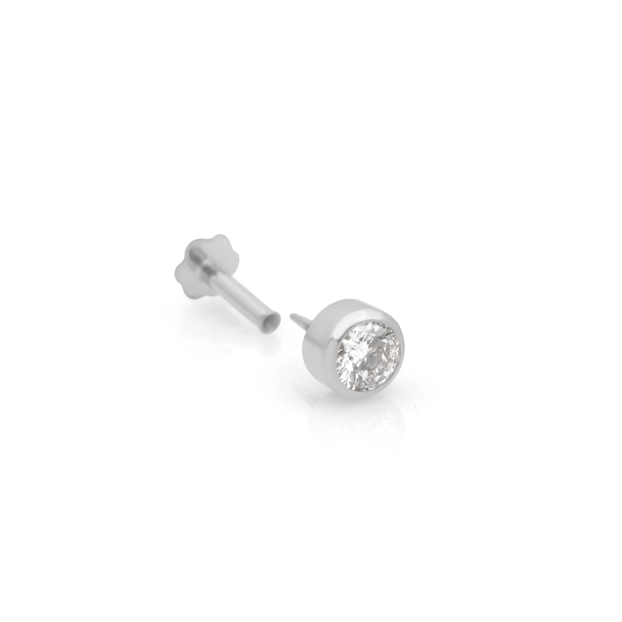 White Gold Round Diamond Bezel Set Flat Back Earring