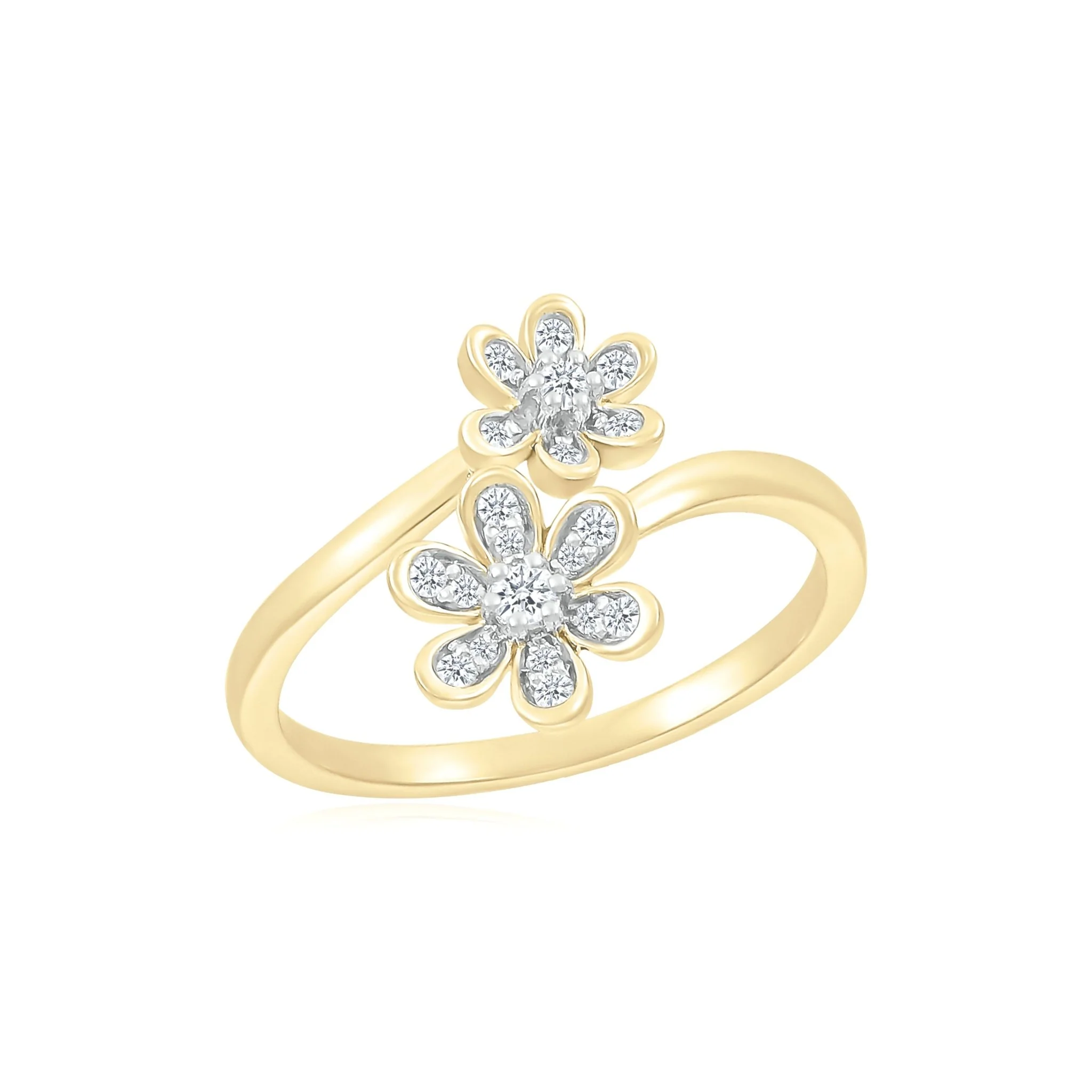Bezel Set Diamond Double Flower Toi et Moi Ring in Solid 10k Yellow Gold