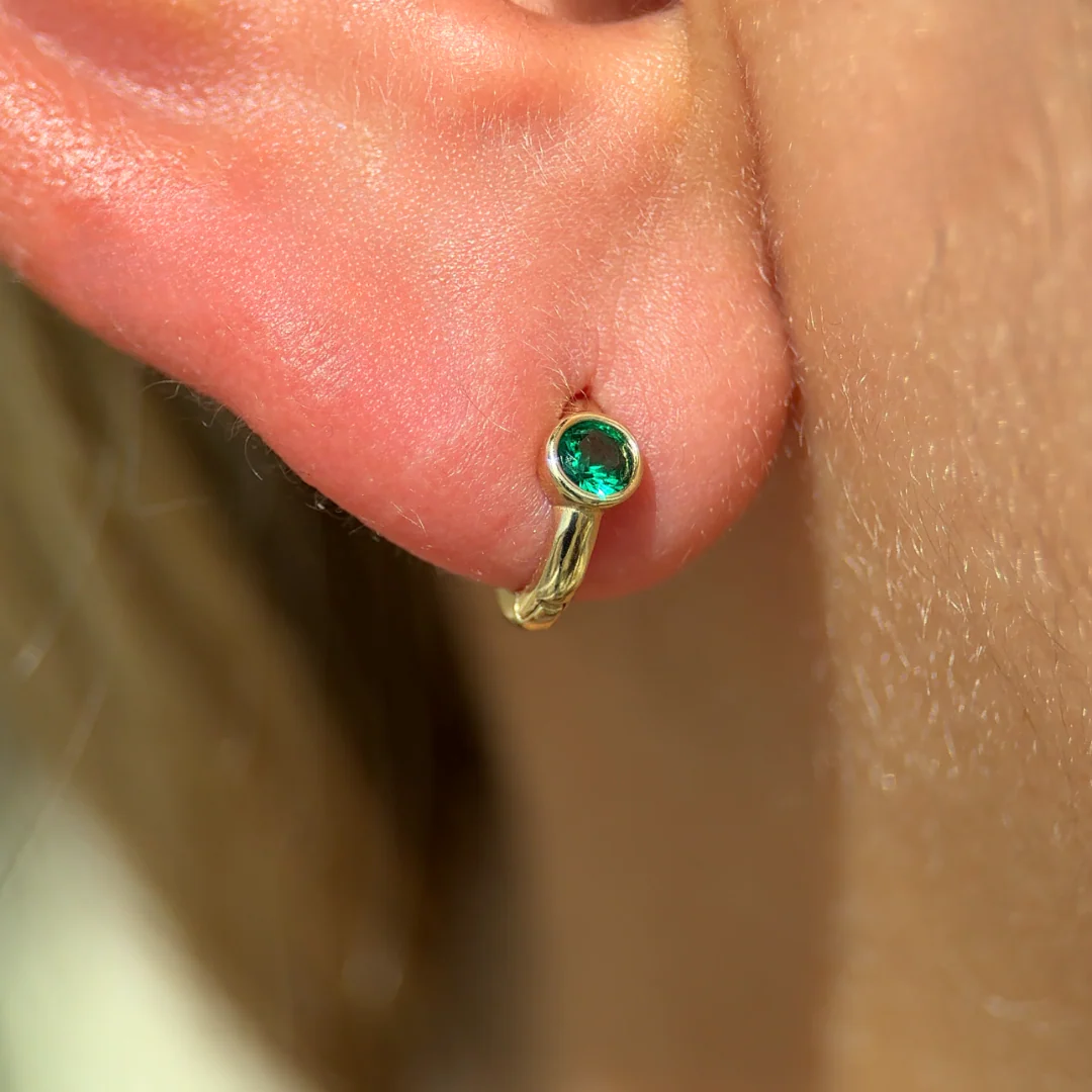 Yellow Gold Emerald Bezel Huggie Hoop - Image 10