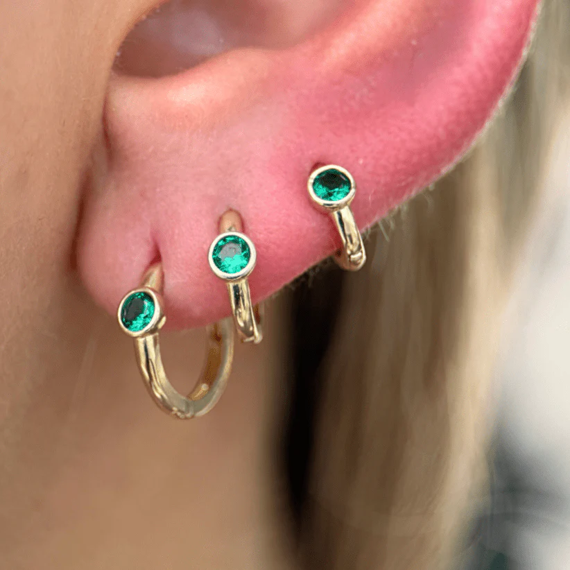 Yellow Gold Emerald Bezel Huggie Hoop - Image 11