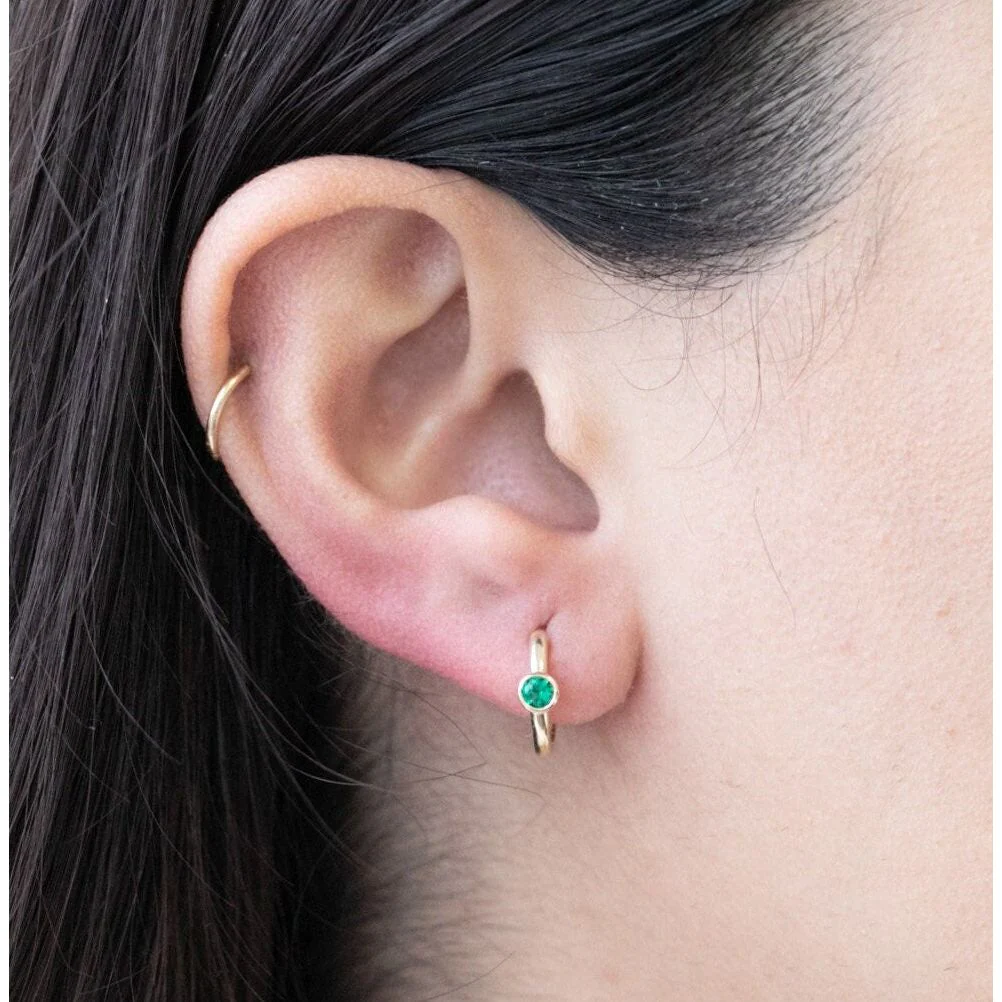 Yellow Gold Emerald Bezel Huggie Hoop - Image 12