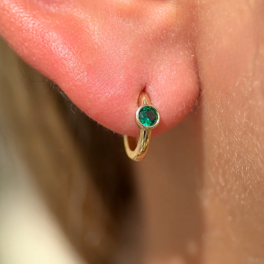 Yellow Gold Emerald Bezel Huggie Hoop - Image 8