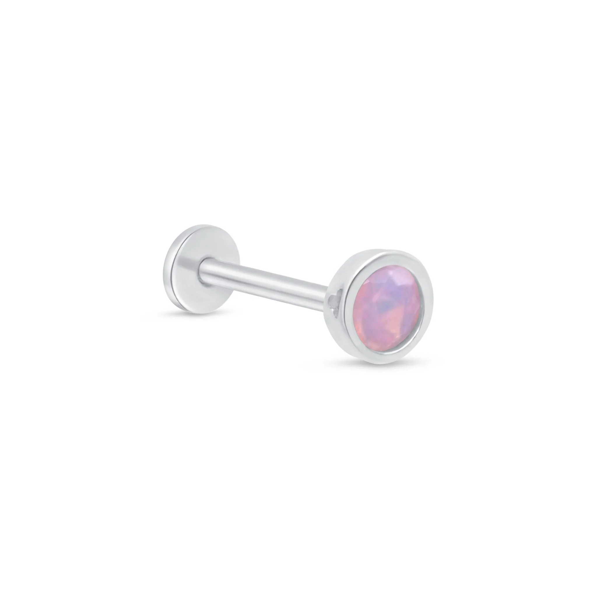 White Gold Round Pink Opal Bezel Set Flat Back Earring