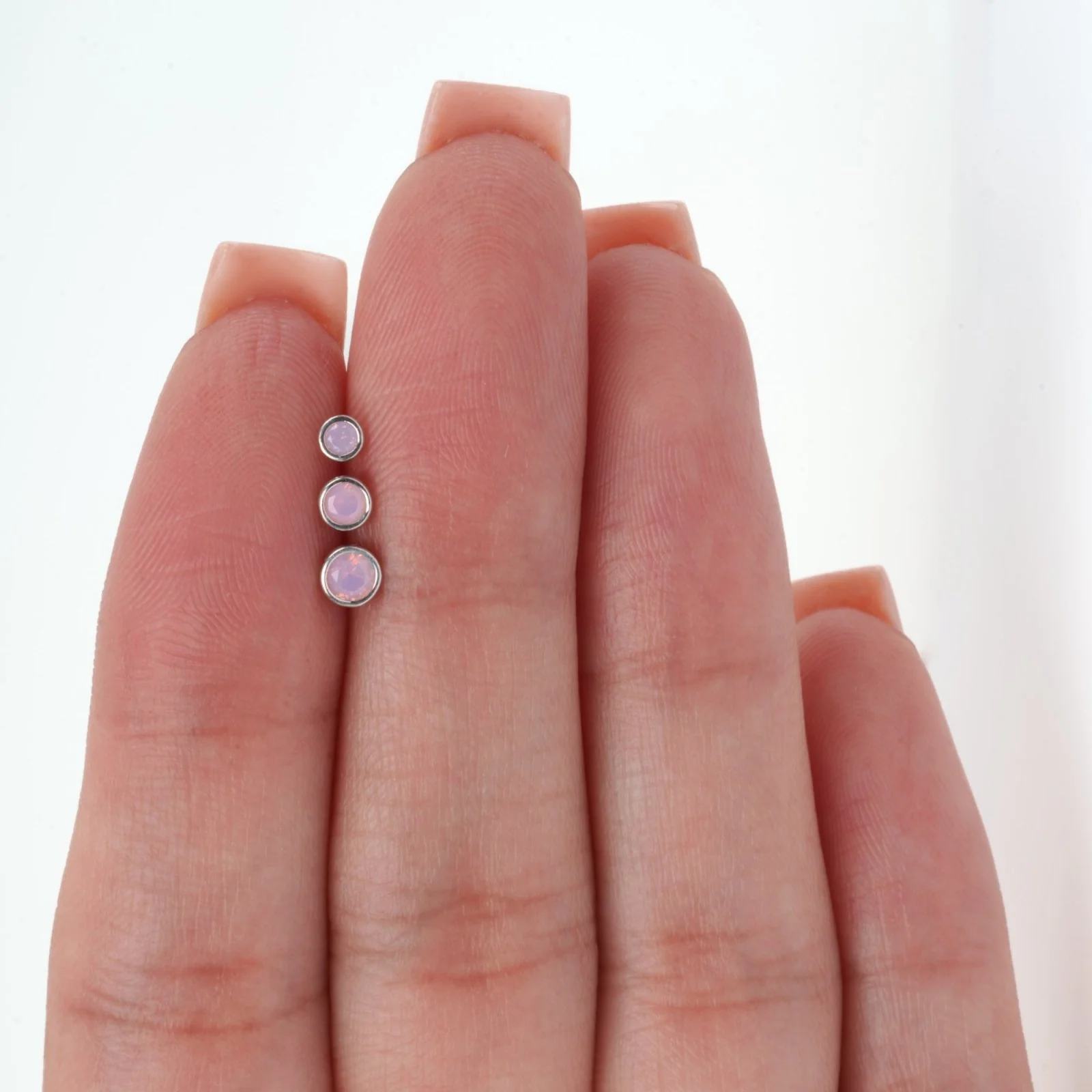 White Gold Round Pink Opal Bezel Set Flat Back Earring - Image 2