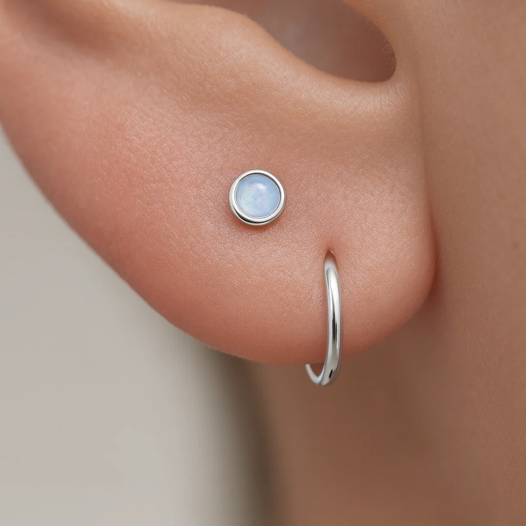 White Gold Round Pink Opal Bezel Set Flat Back Earring - Image 3