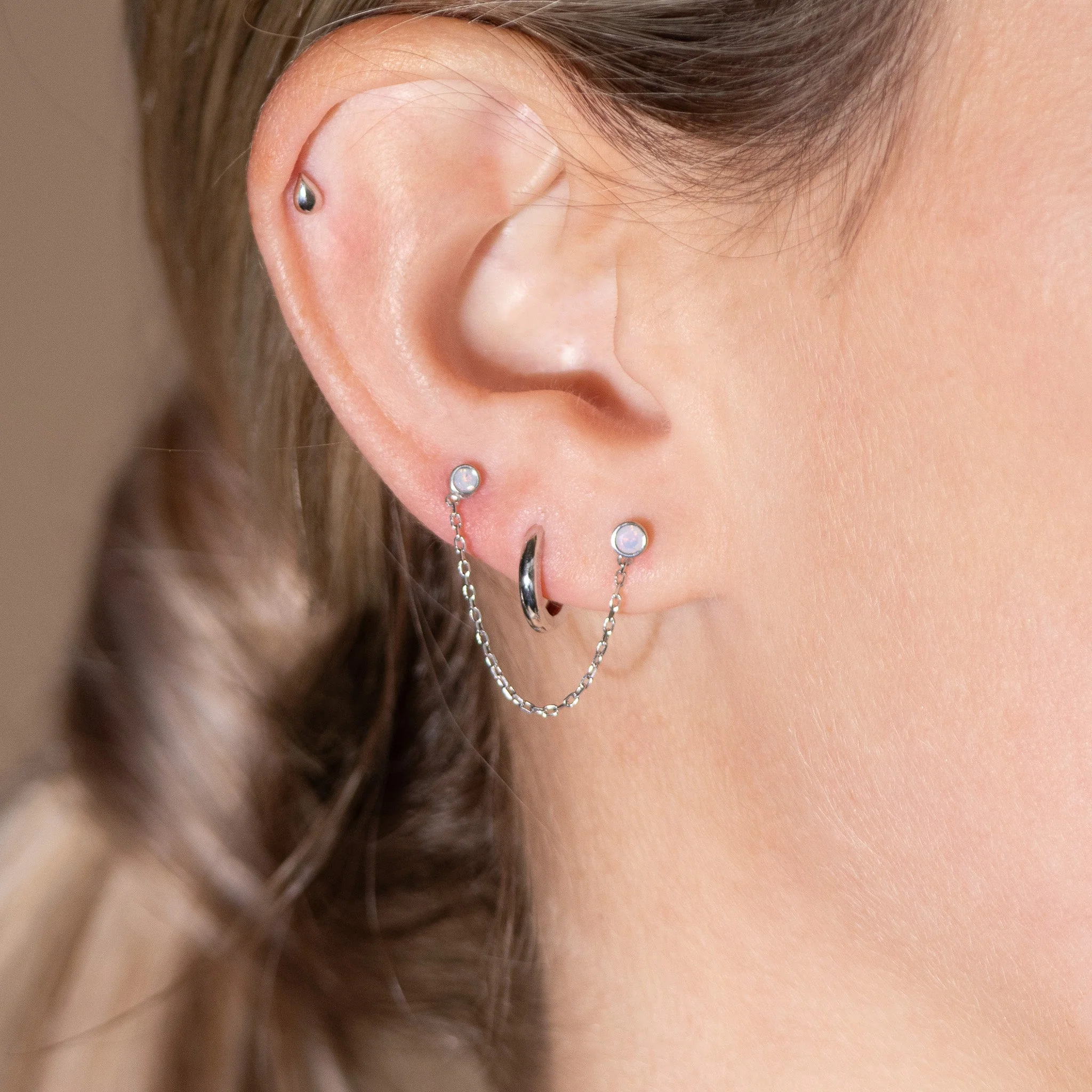 White Gold Round Pink Opal Bezel Set Flat Back Earring - Image 4