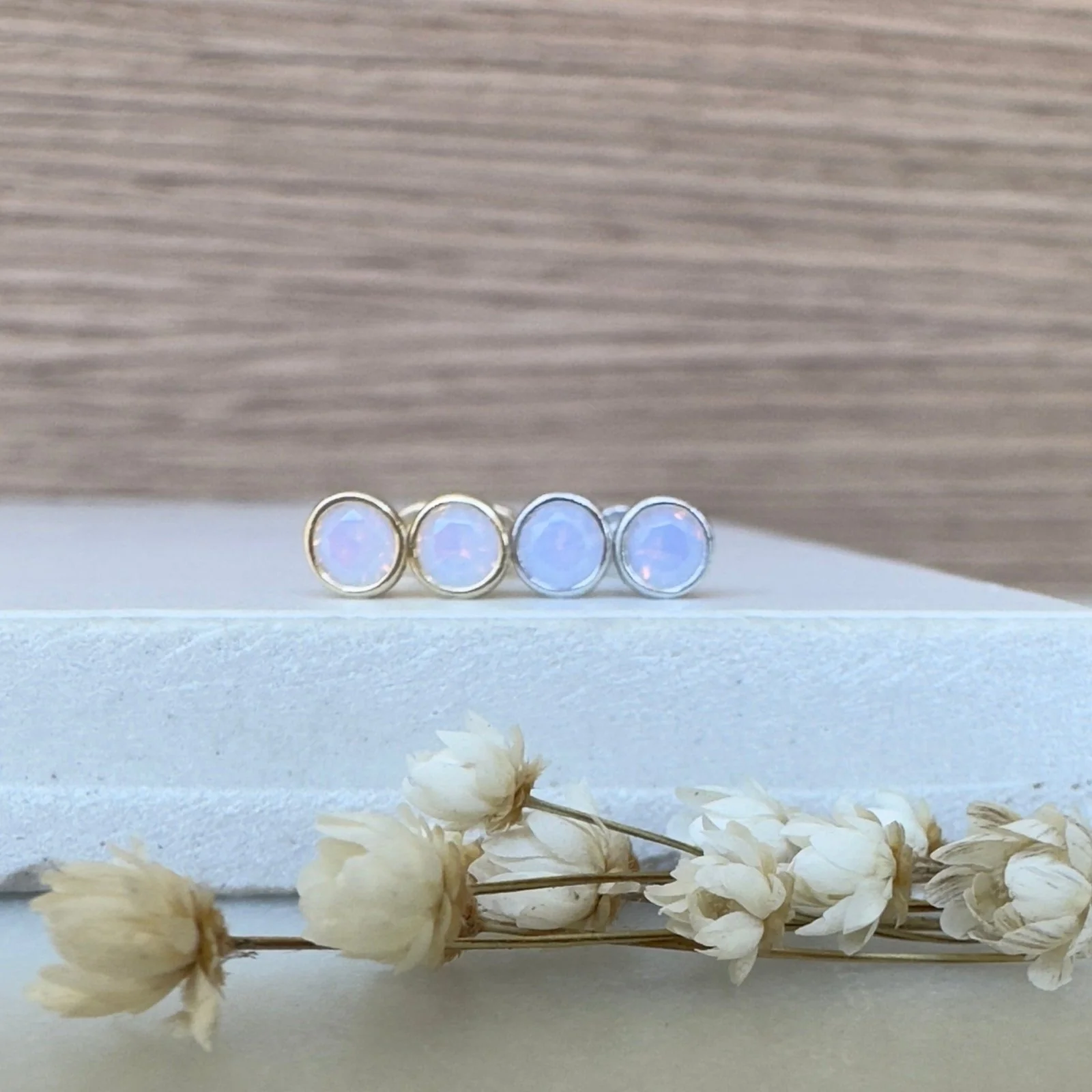 White Gold Round Pink Opal Bezel Set Flat Back Earring - Image 5