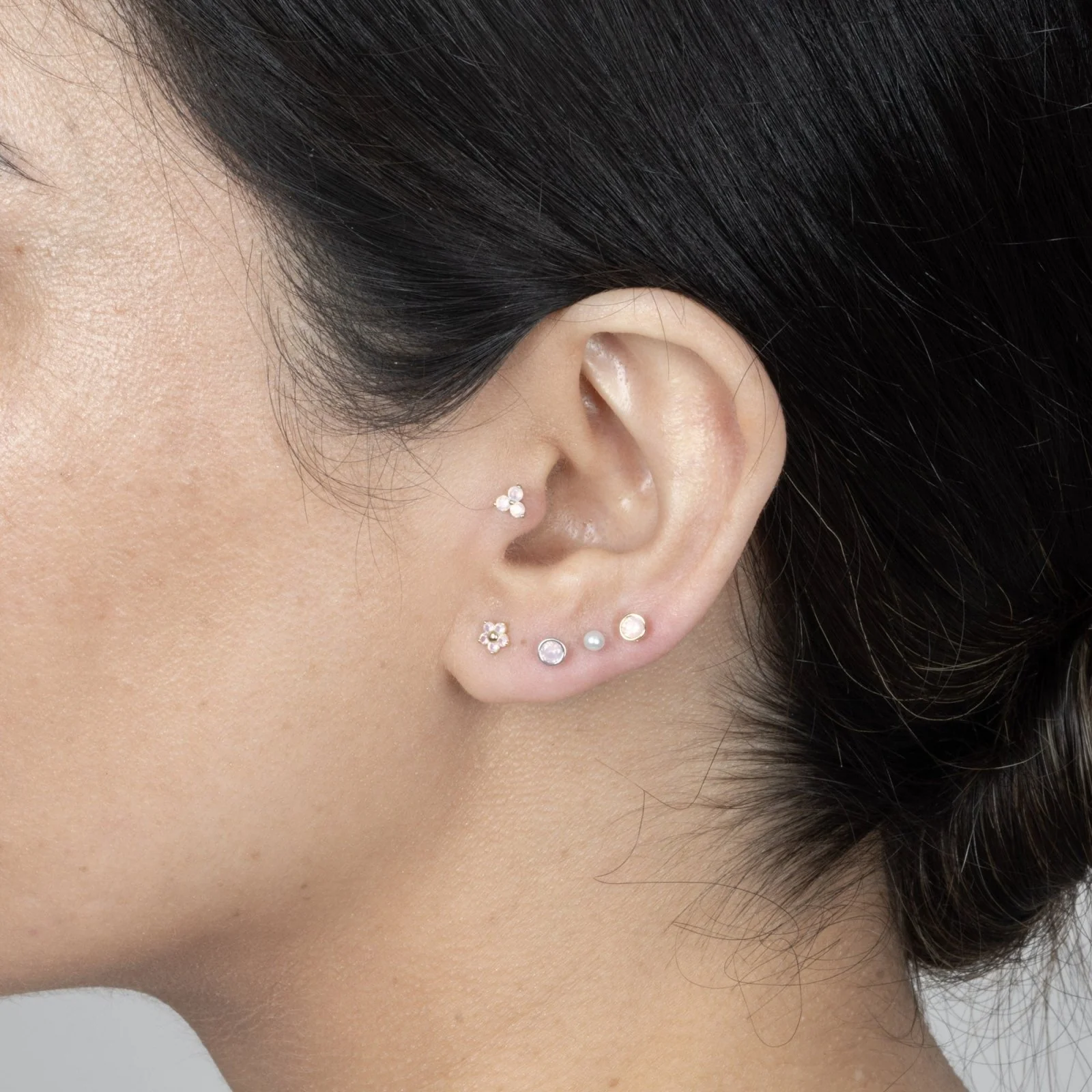 White Gold Round Pink Opal Bezel Set Flat Back Earring - Image 6