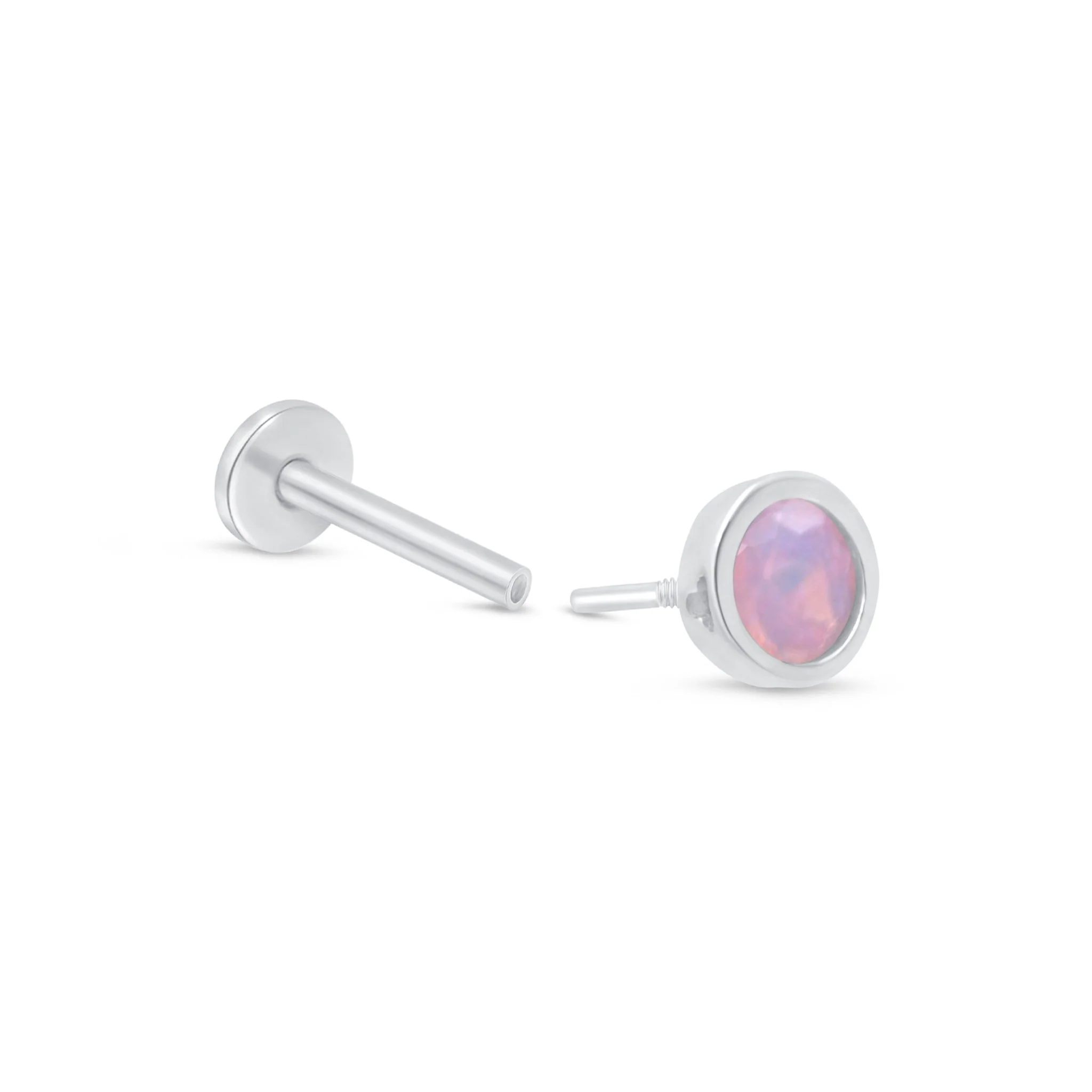 White Gold Round Pink Opal Bezel Set Flat Back Earring - Image 7