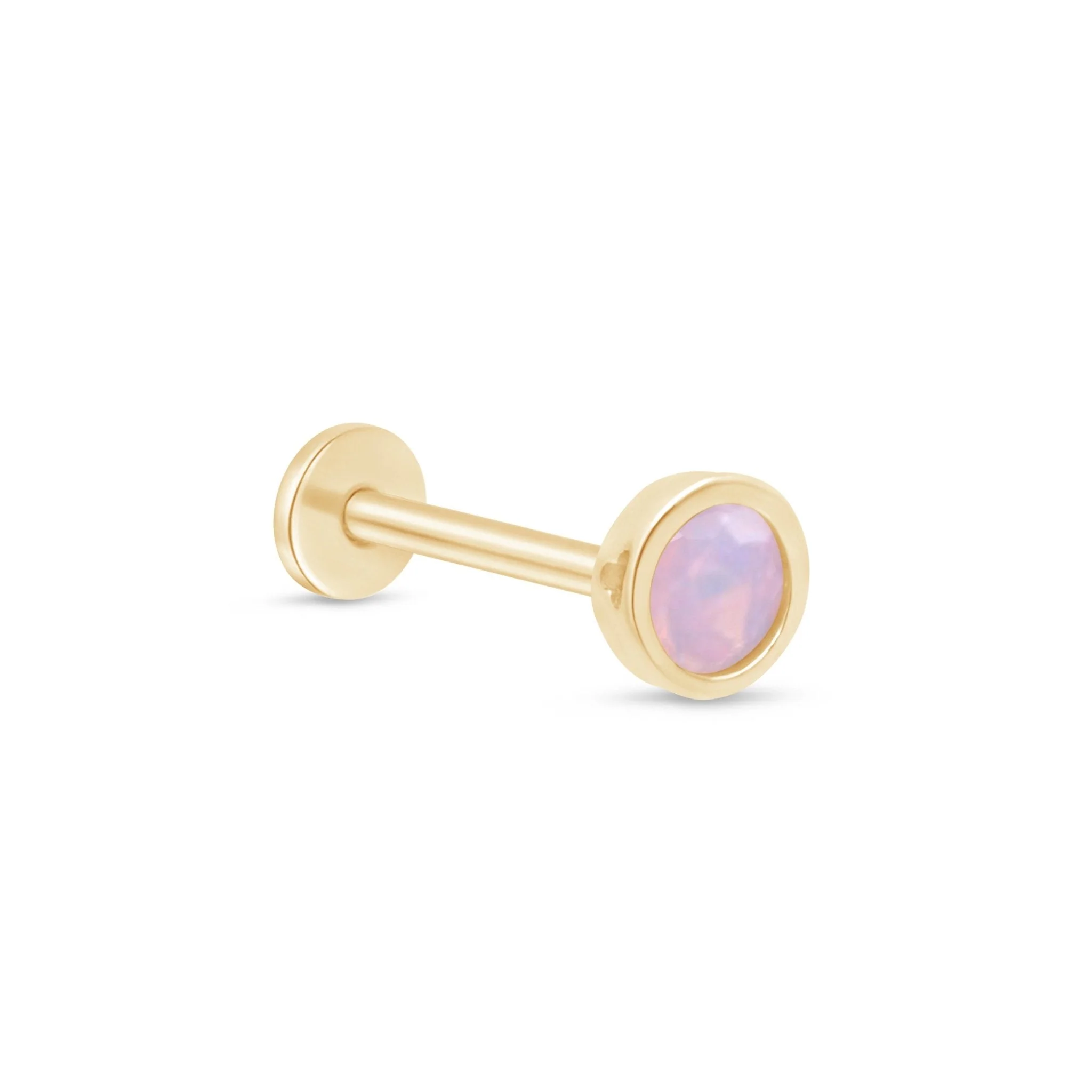 Yellow Gold Round Pink Opal Bezel Set Flat Back Earring