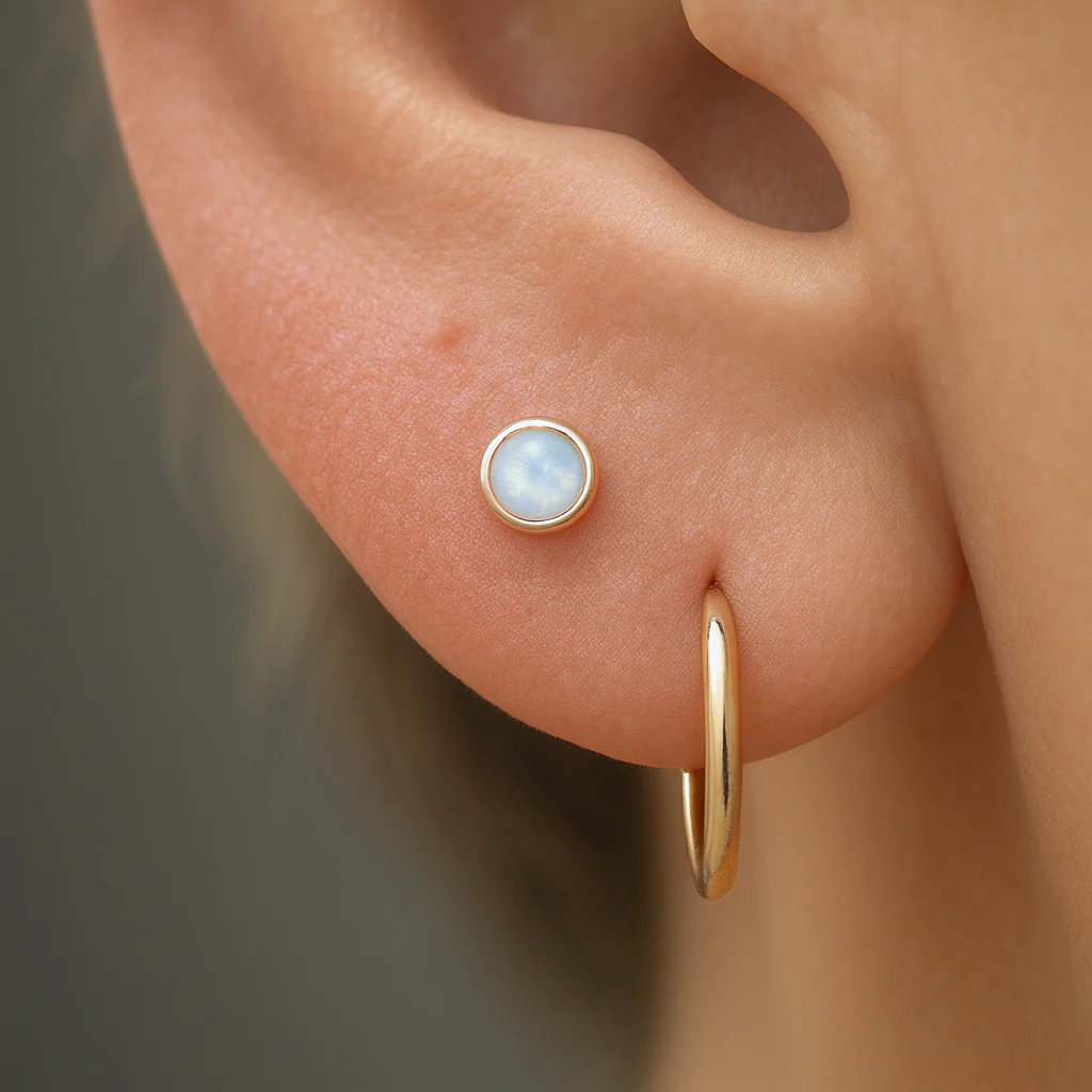 Yellow Gold Round Pink Opal Bezel Set Flat Back Earring - Image 2