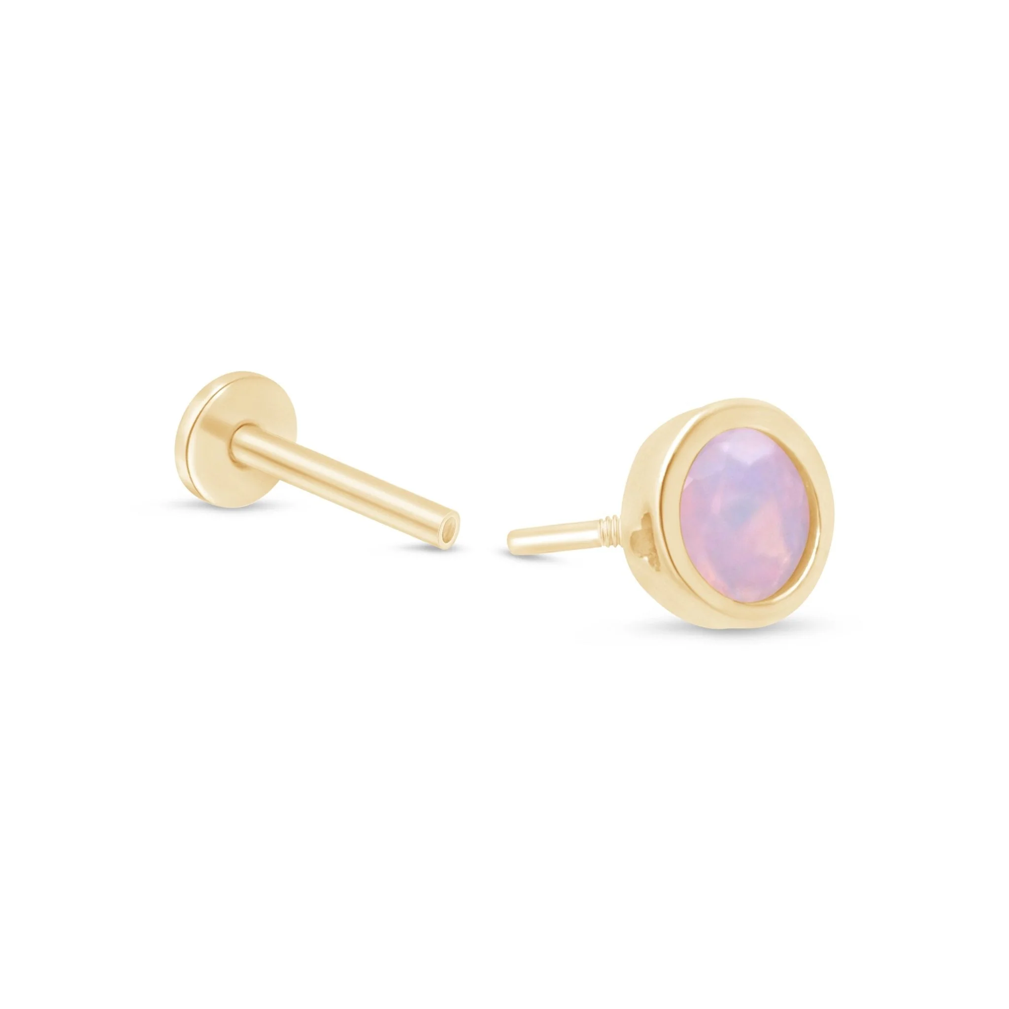 Yellow Gold Round Pink Opal Bezel Set Flat Back Earring - Image 6