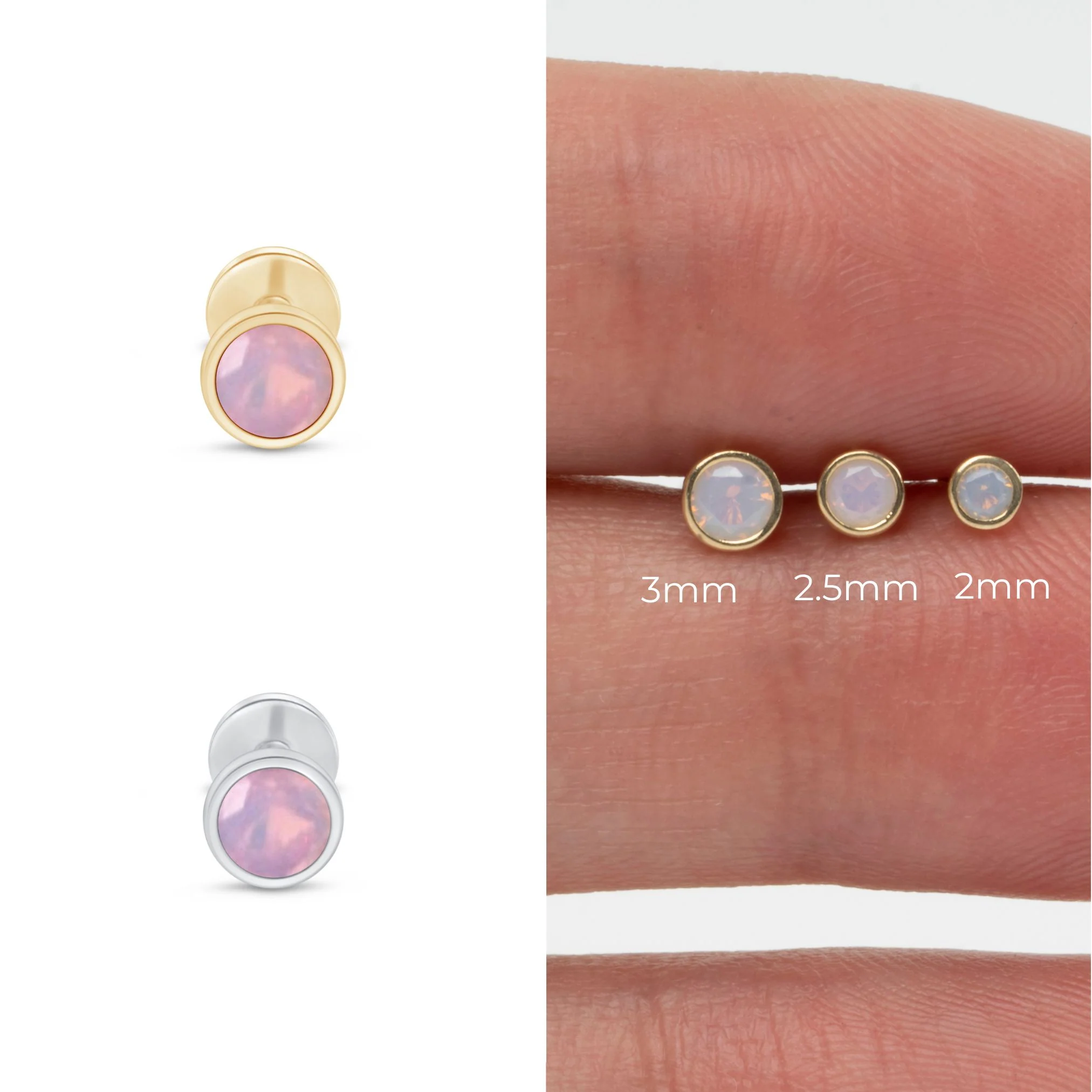 Yellow Gold Round Pink Opal Bezel Set Flat Back Earring - Image 7