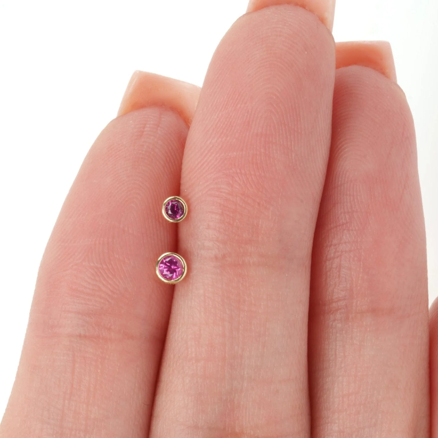 Yellow Gold Round Pink Ruby Bezel Set Flat Back Earring - Image 4