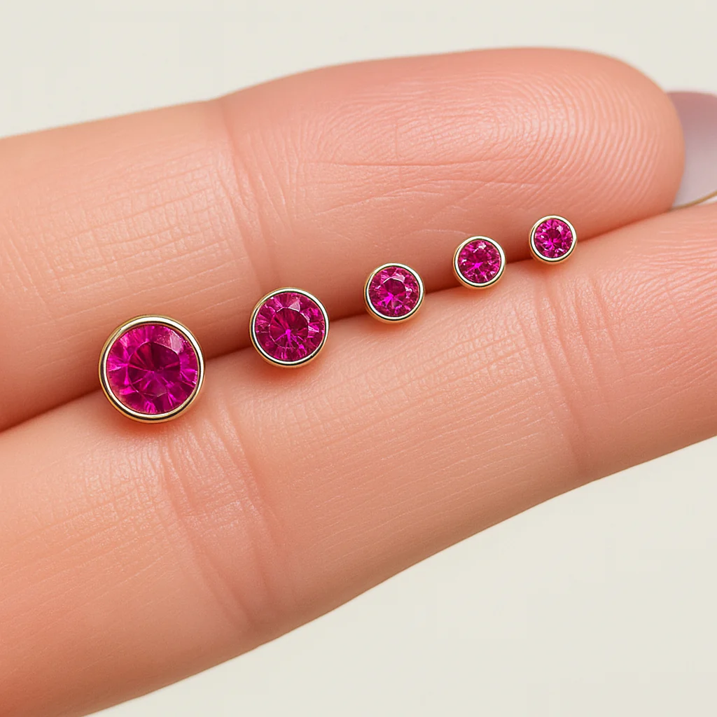 Yellow Gold Round Pink Ruby Bezel Set Flat Back Earring - Image 9