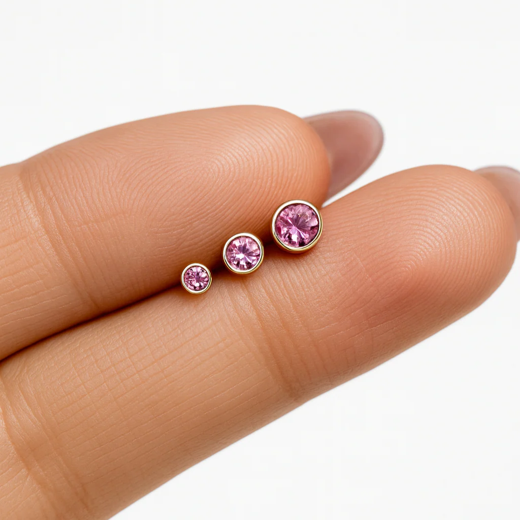 Yellow Gold Round Tourmaline Bezel Flat Back Earring - Image 3