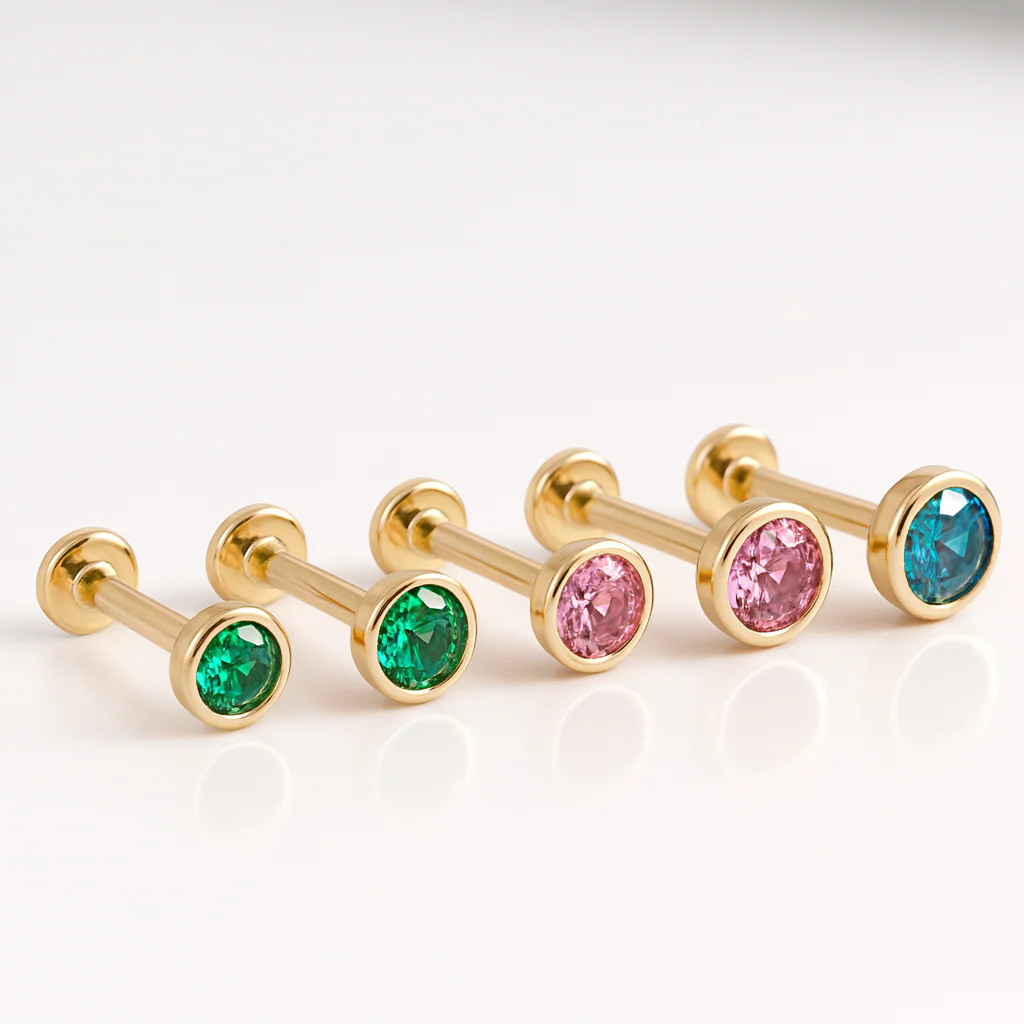Yellow Gold Round Tourmaline Bezel Flat Back Earring - Image 7