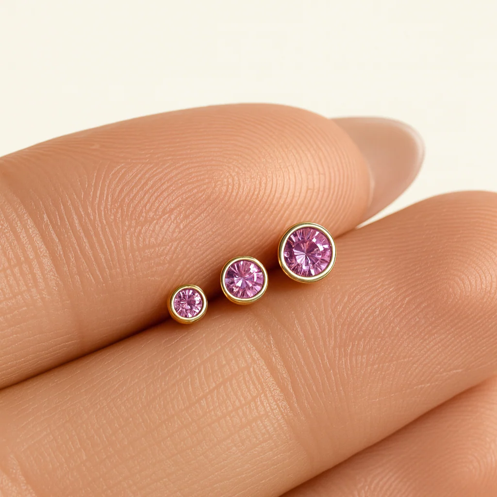 Yellow Gold Round Tourmaline Bezel Flat Back Earring - Image 8