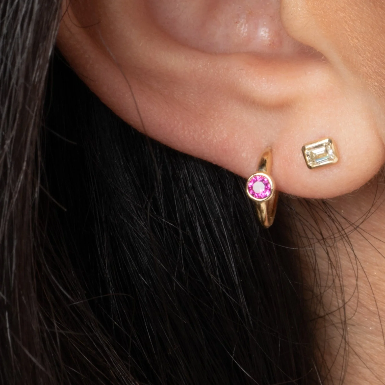 Yellow Gold Ruby Bezel Huggie Hoop - Image 10