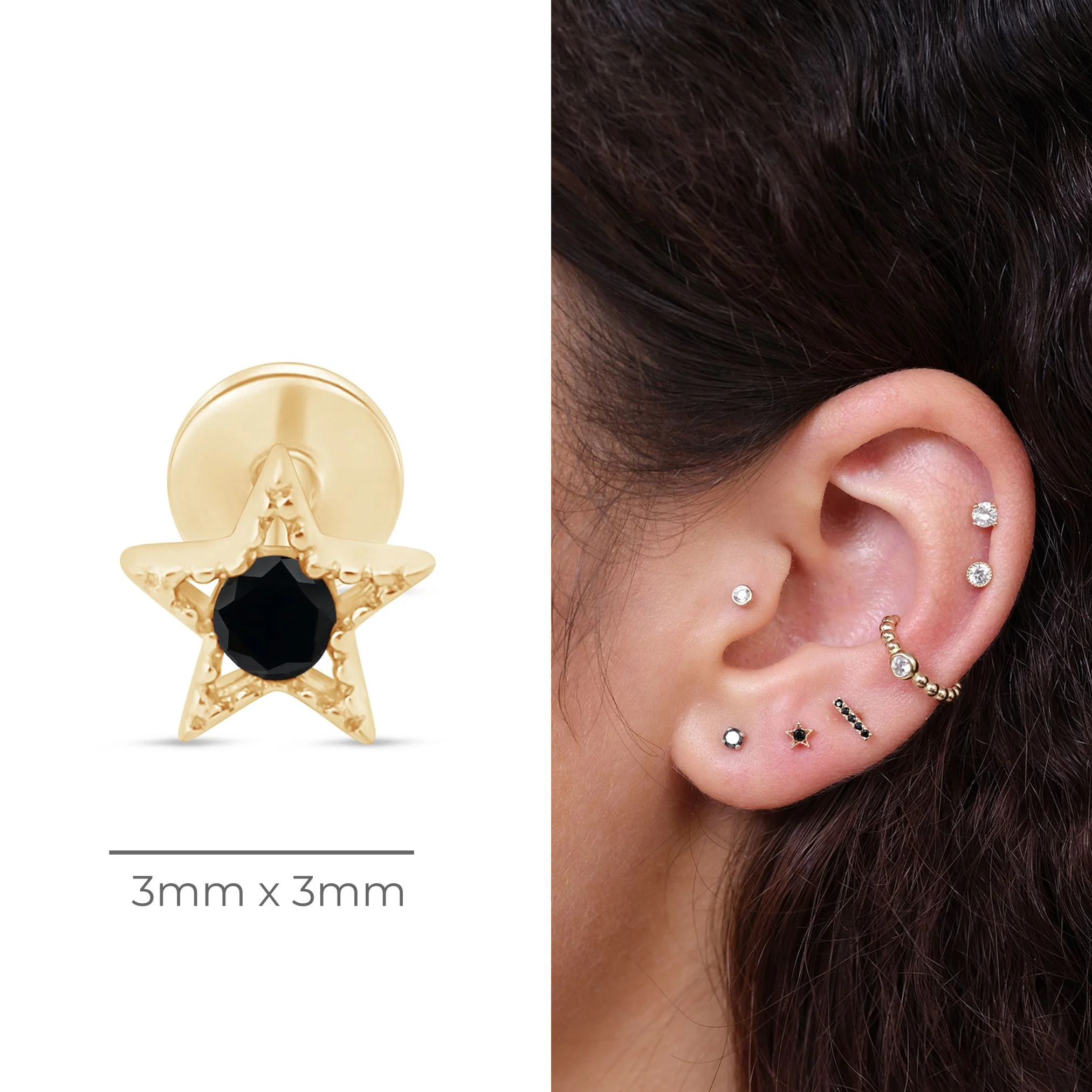 Yellow Gold Milgrain Black Onyx Star Flat Back Earring - Image 5
