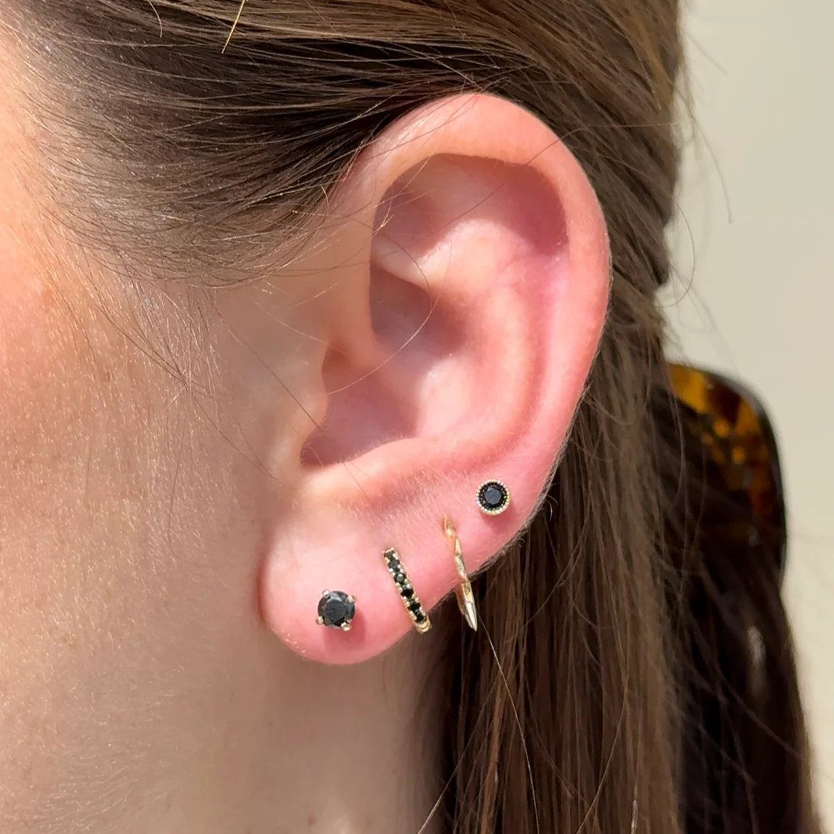 Yellow Gold Black Diamond Flat Back Earring - Image 10