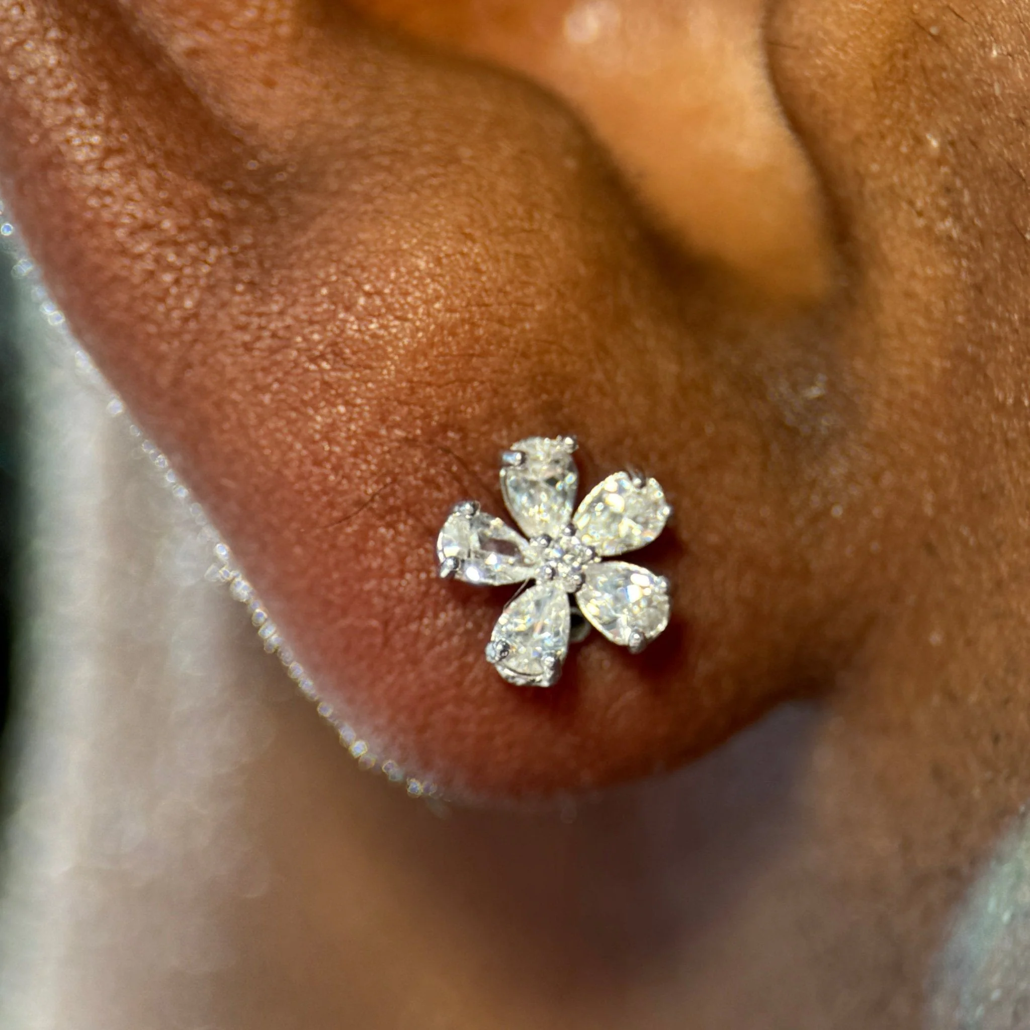 White Gold Blooming Flower Flat Back Earring - Image 2