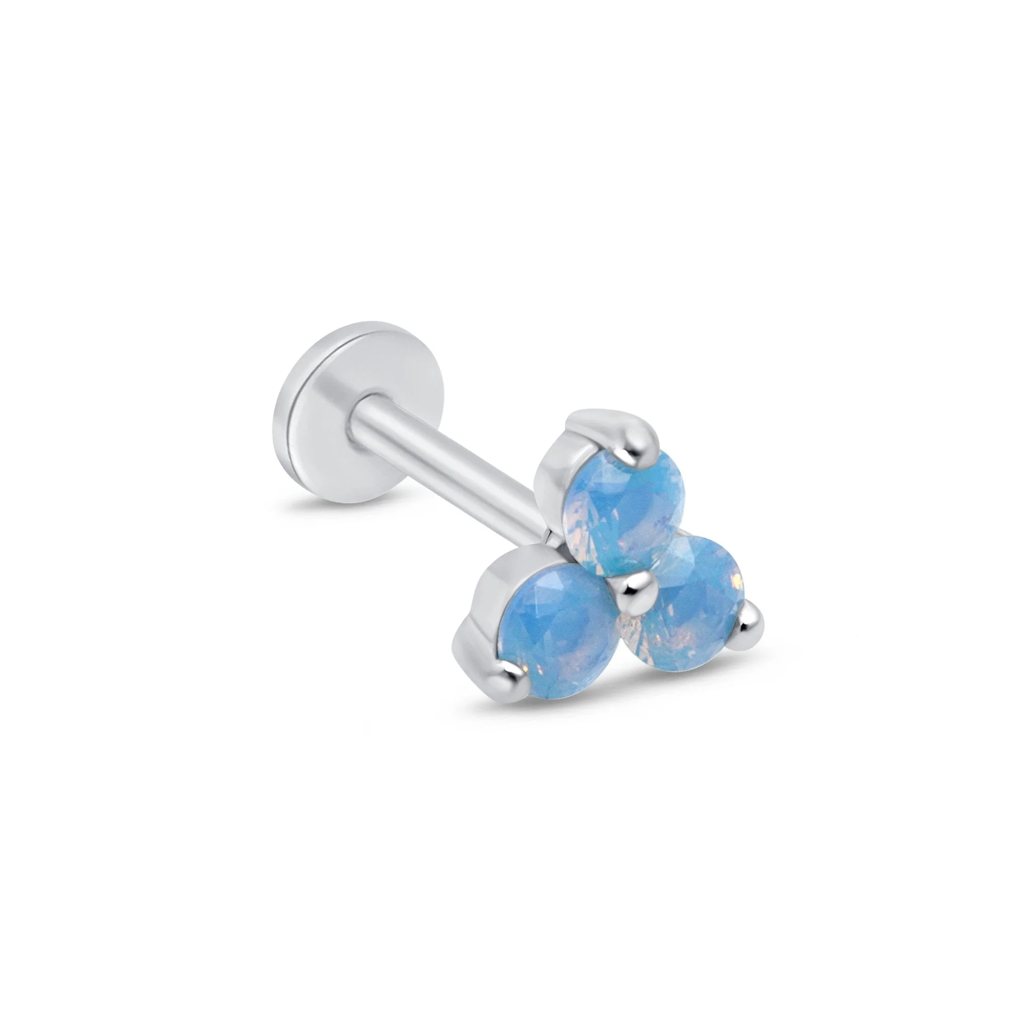 White Gold Blue Opal Trinity Cluster Flat Back Earring