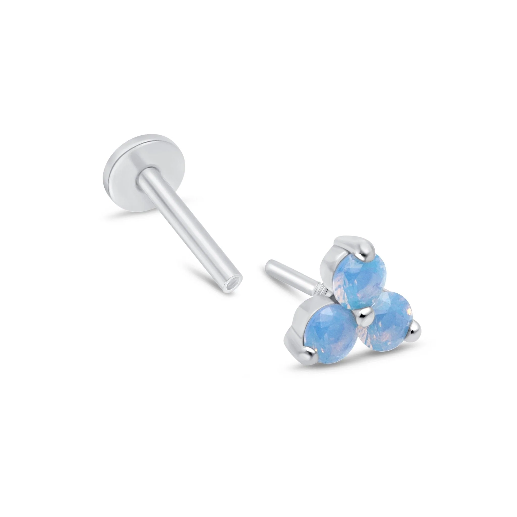 White Gold Blue Opal Trinity Cluster Flat Back Earring - Image 5