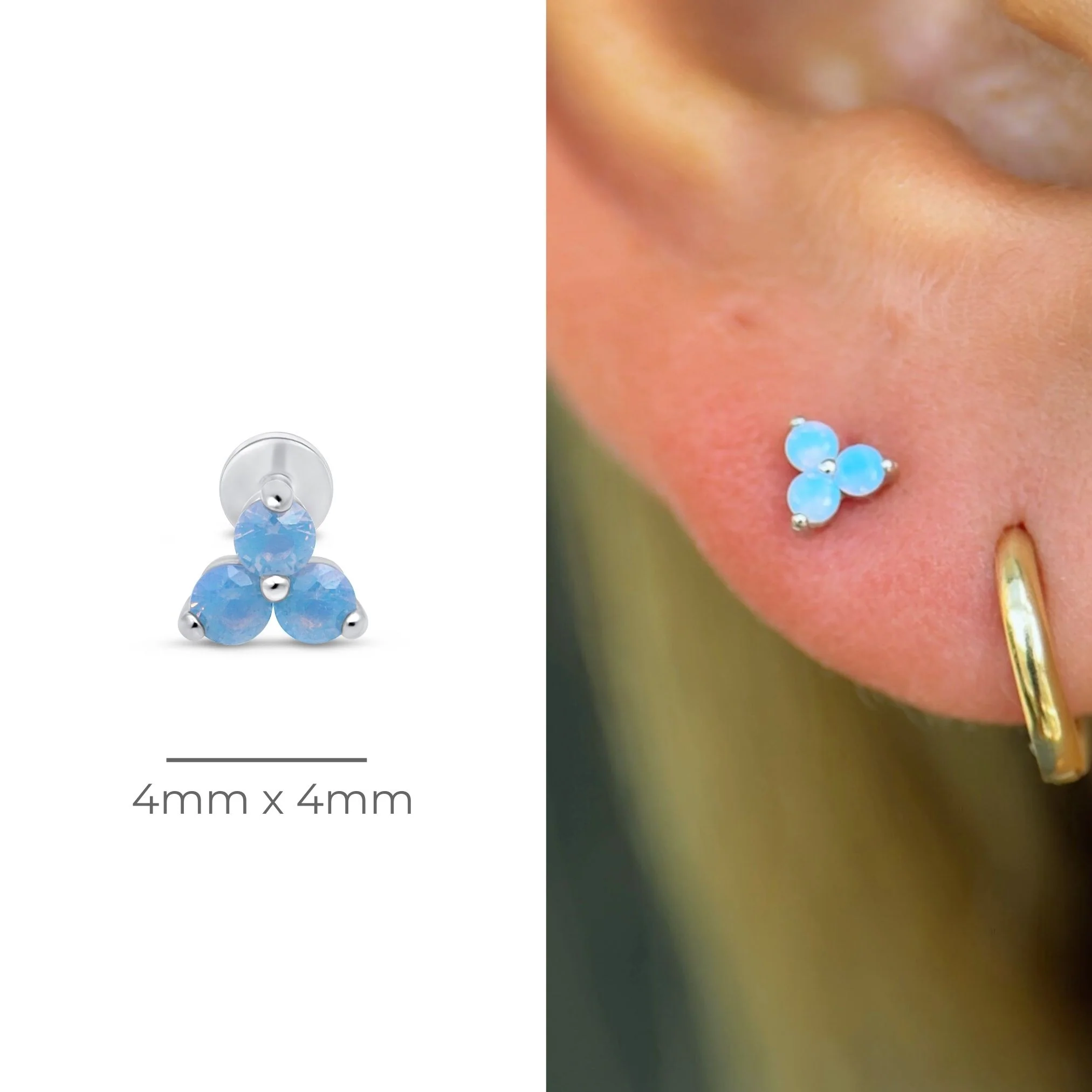 White Gold Blue Opal Trinity Cluster Flat Back Earring - Image 6