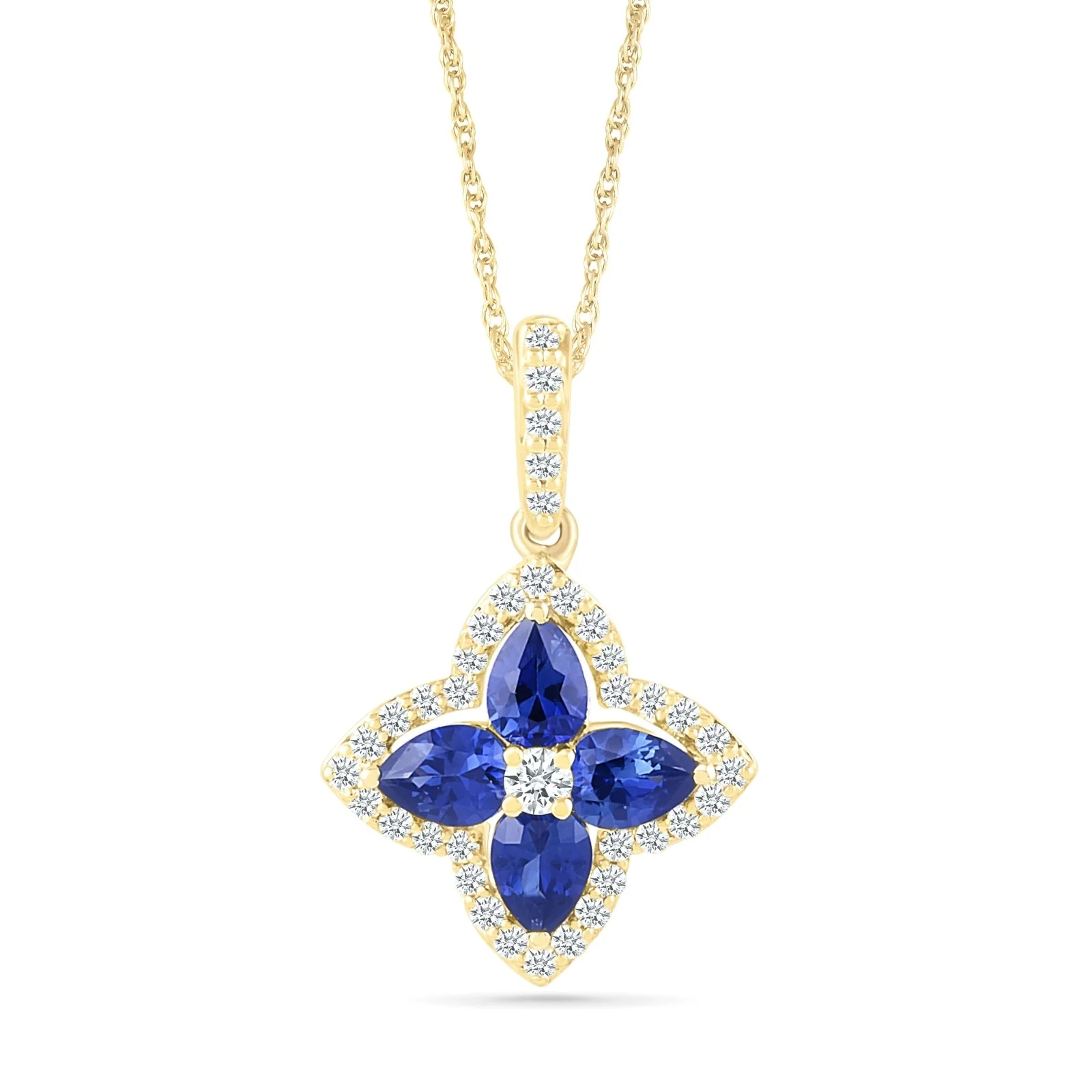 Yellow Gold Blue Sapphire Clover Halo Pendant Necklace