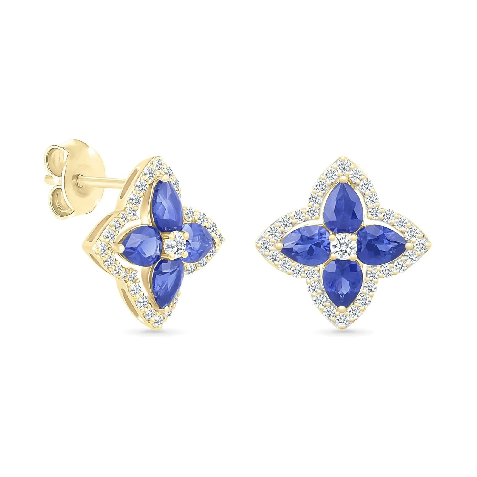 Yellow Gold Blue Sapphire Clover Halo Stud