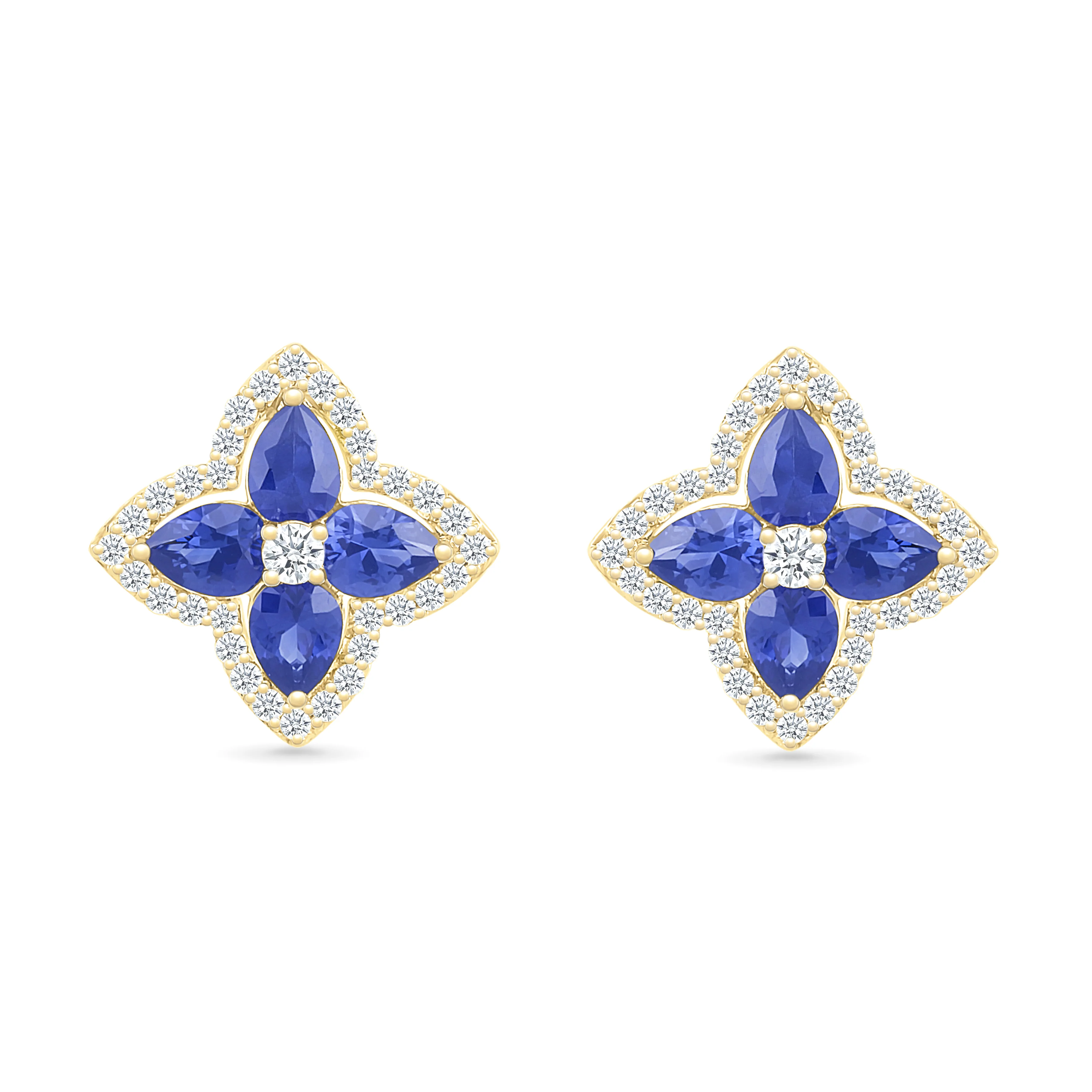 Yellow Gold Blue Sapphire Clover Halo Stud - Image 10